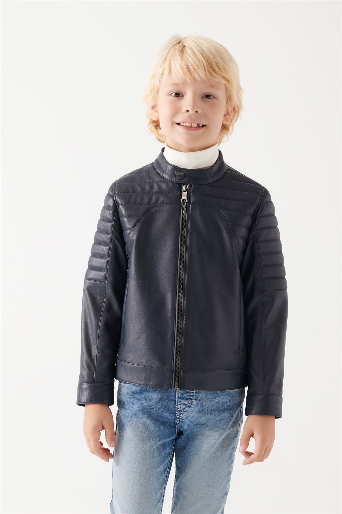 FRED Boys Navy Blue Leather Jacket | Boys Leather and Shearling Jacket ...
