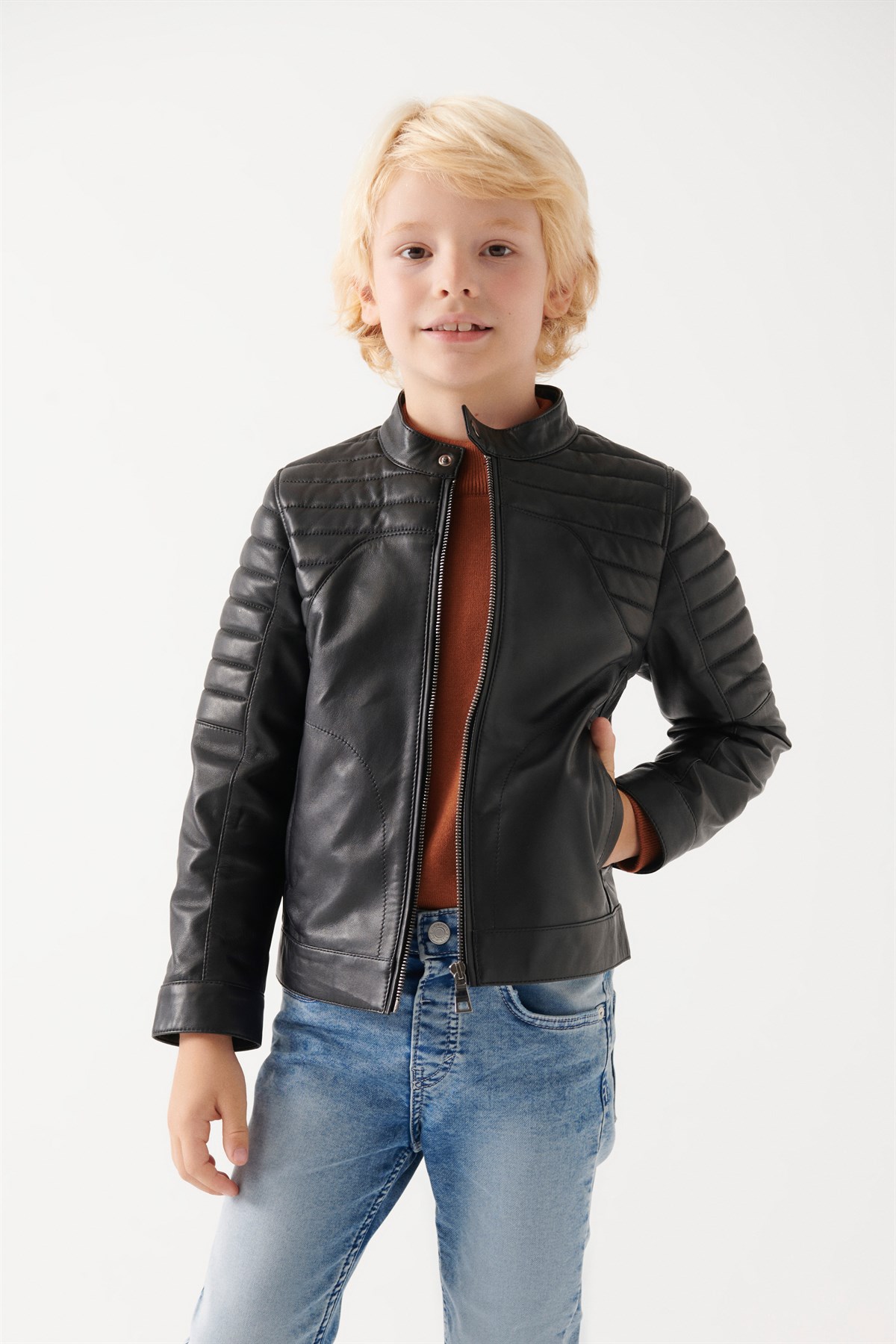 FRED Boys Black Leather Jacket | Boys Leather and Shearling Jacket & Coat