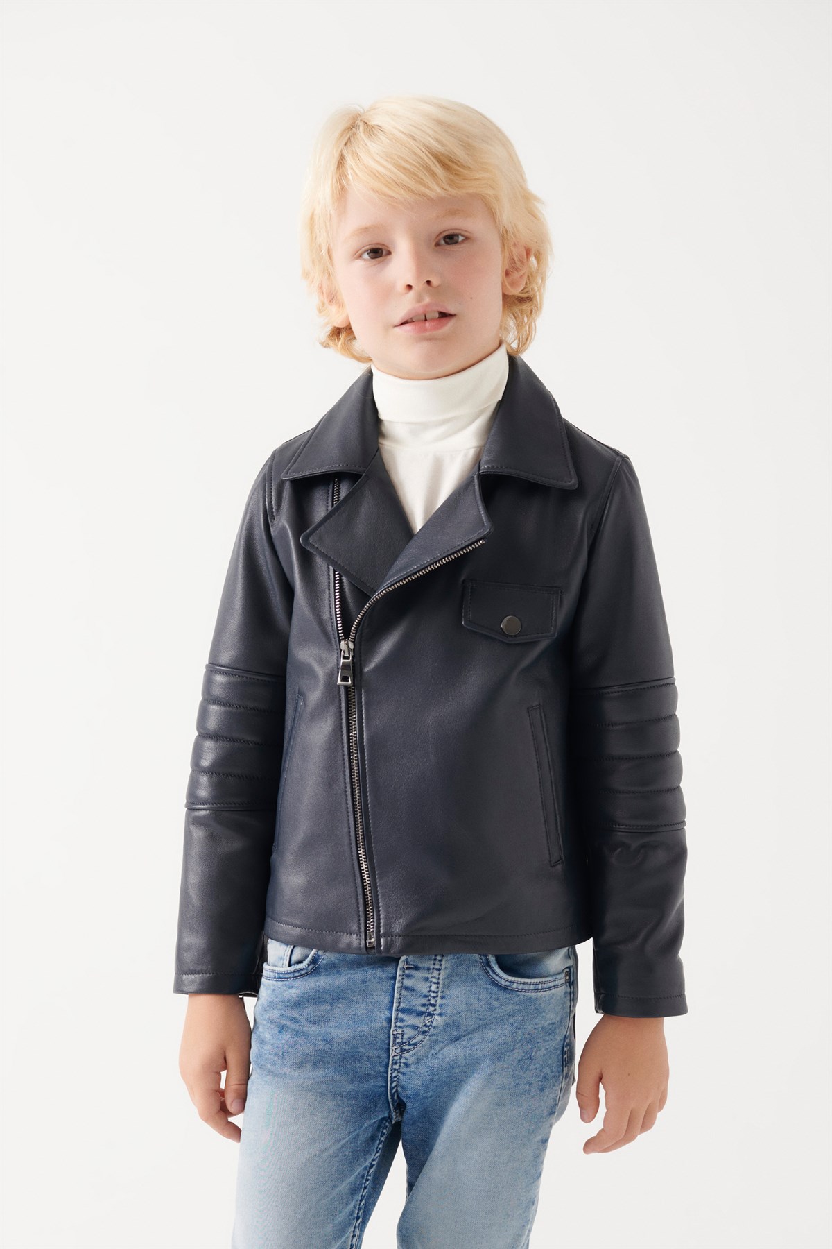 JONNY Boys Navy Blue Leather Jacket | Boys Leather and Shearling Jacket &  Coat