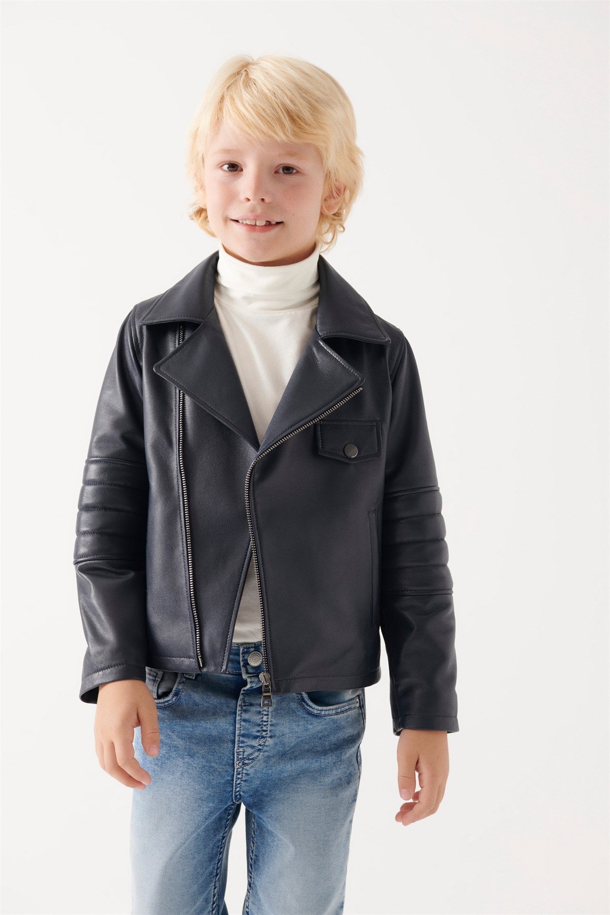 JONNY Boys Navy Blue Leather Jacket | Boys Leather and Shearling Jacket &  Coat