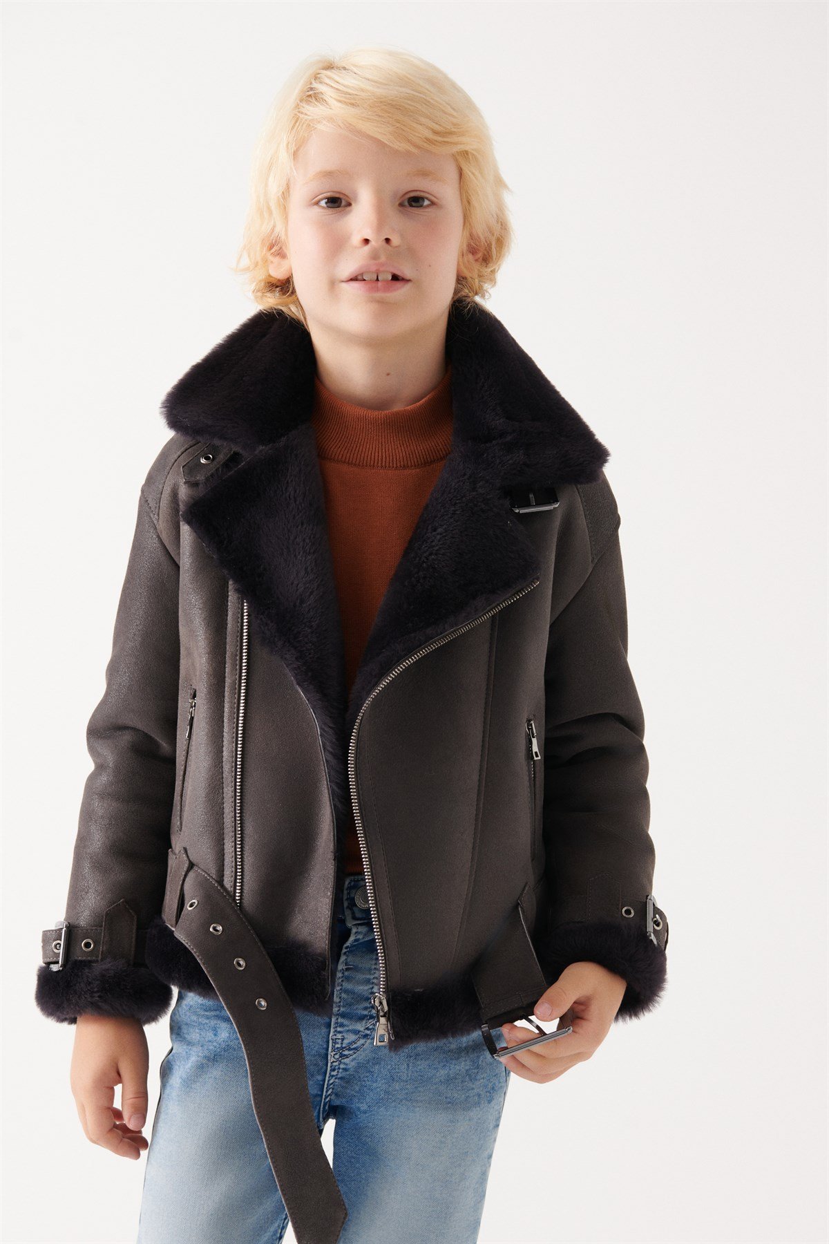 NADAL Erkek Çocuk Füme Kürklü Deri Ceket | Erkek Çocuk Deri Ceket Modelleri