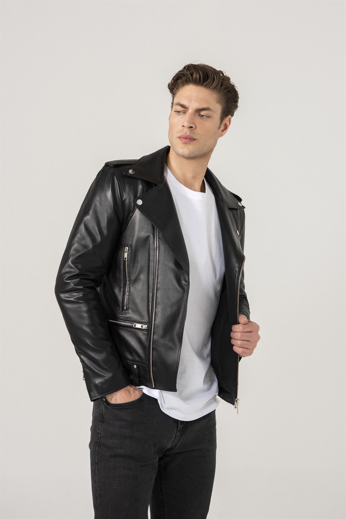 Andrey Men Biker Black Leather Jacket Black Noble | Luxury Shearling