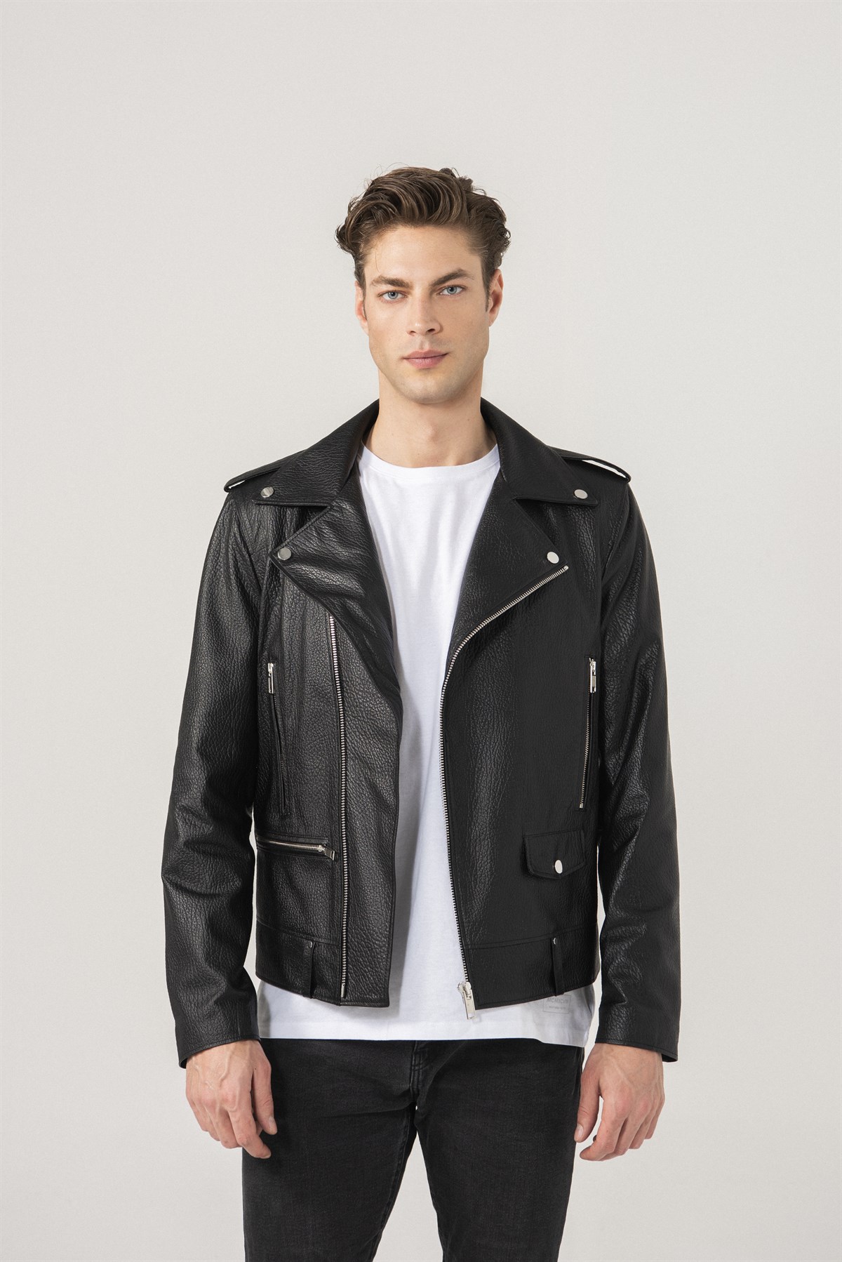 Andrey Men Biker Black Patterned Leather Jacket Black Noble | Luxury ...