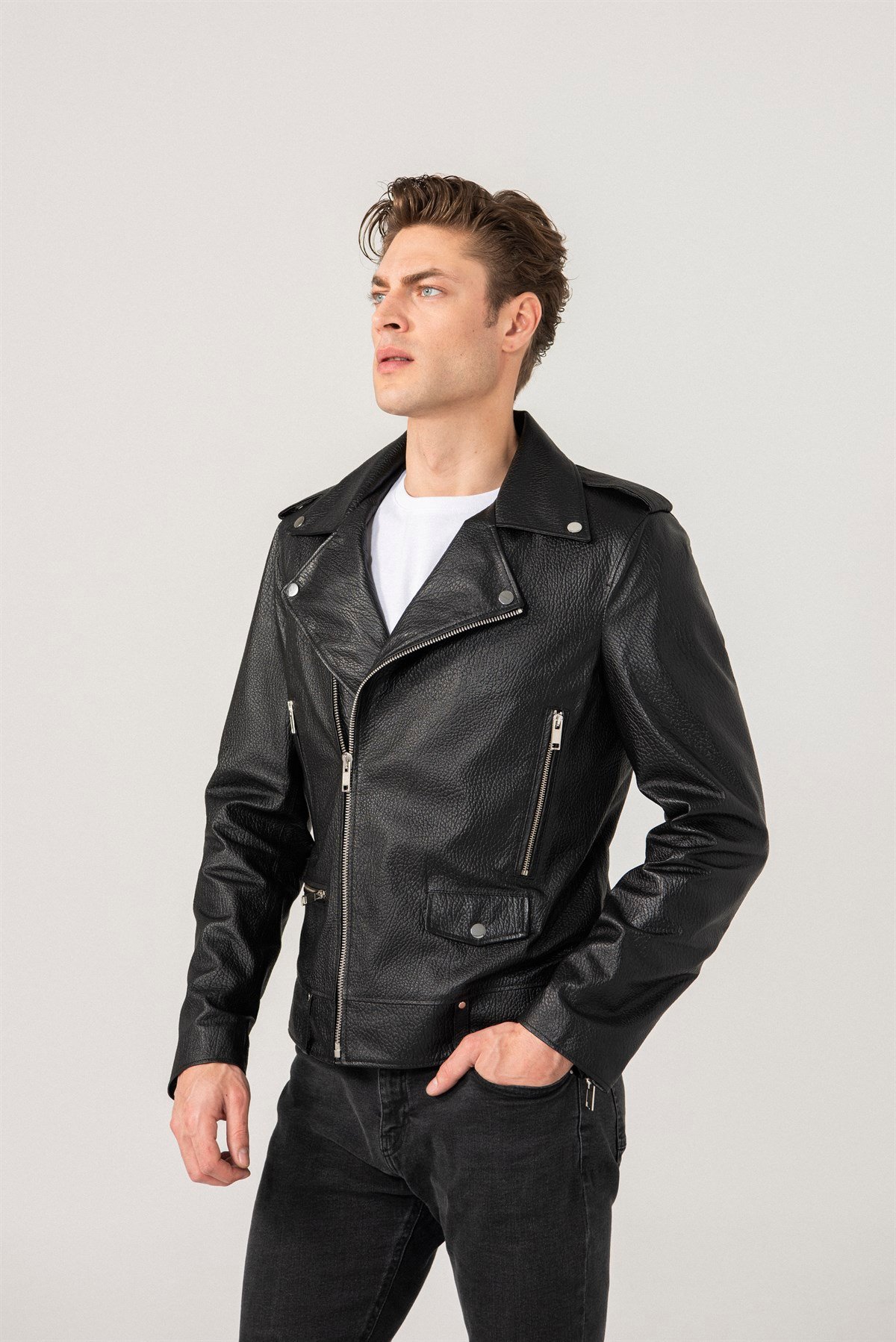 Andrey Men Biker Black Patterned Leather Jacket Black Noble | Luxury ...