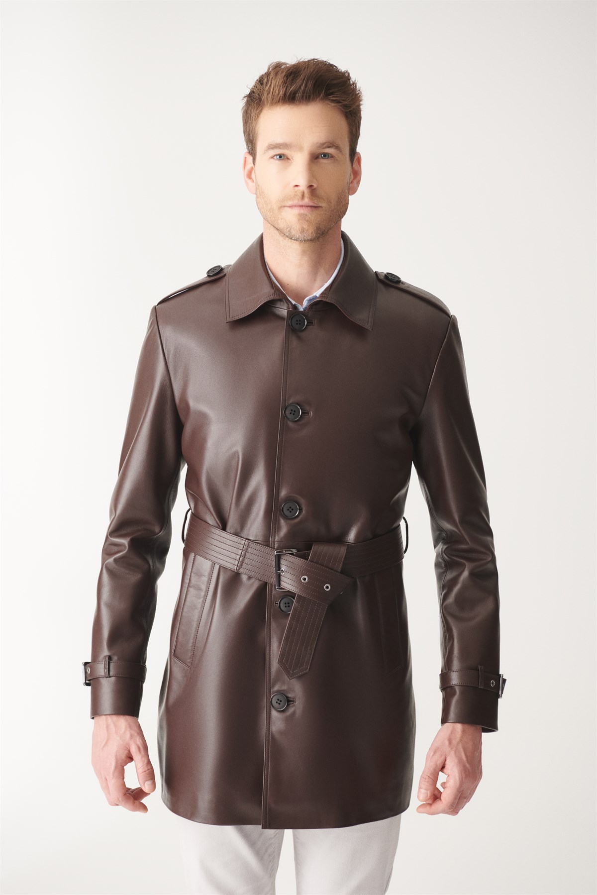 BRIAN Claret Red Trench Coat Leather Coat | Men's Leather Jacket Models
