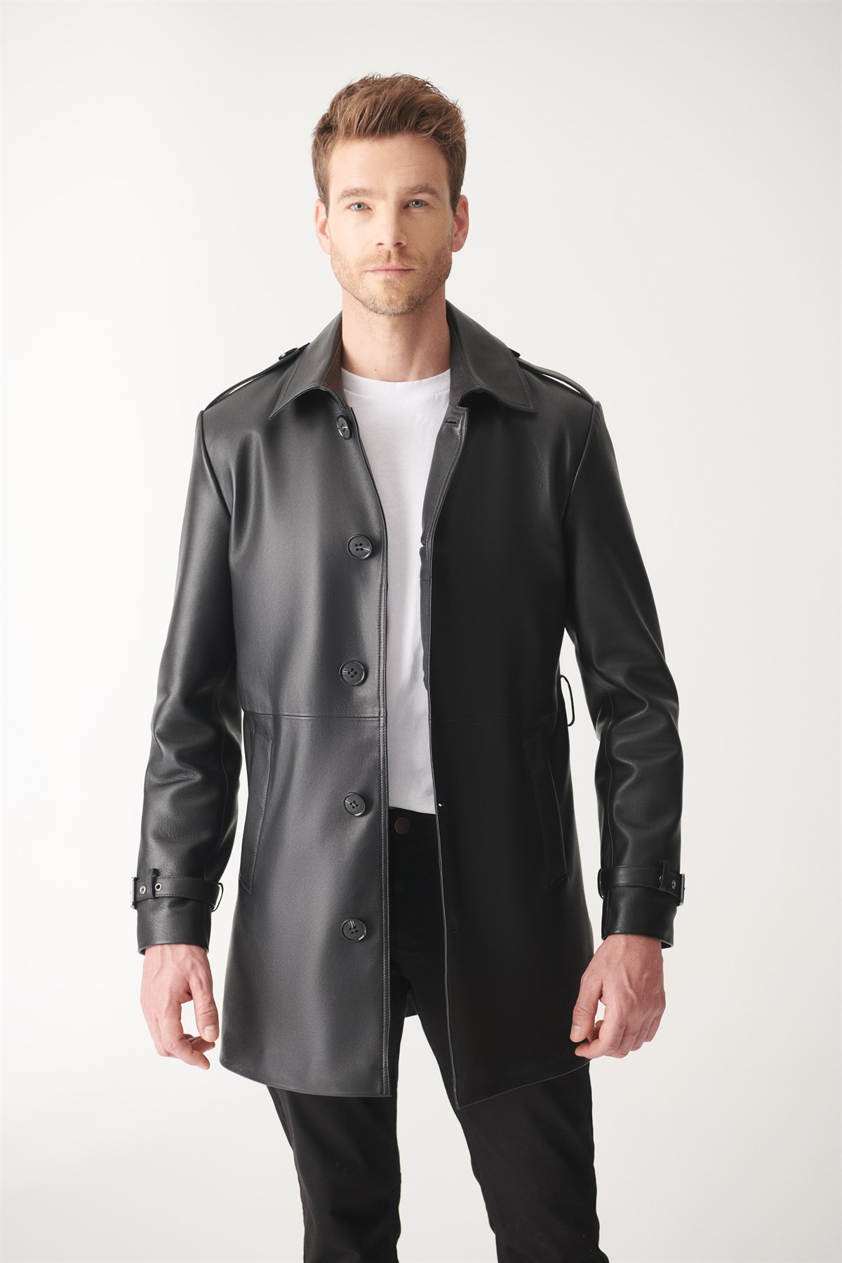 BRIAN Black Trench Coat Leather Coat | Men's Leather Jacket Models