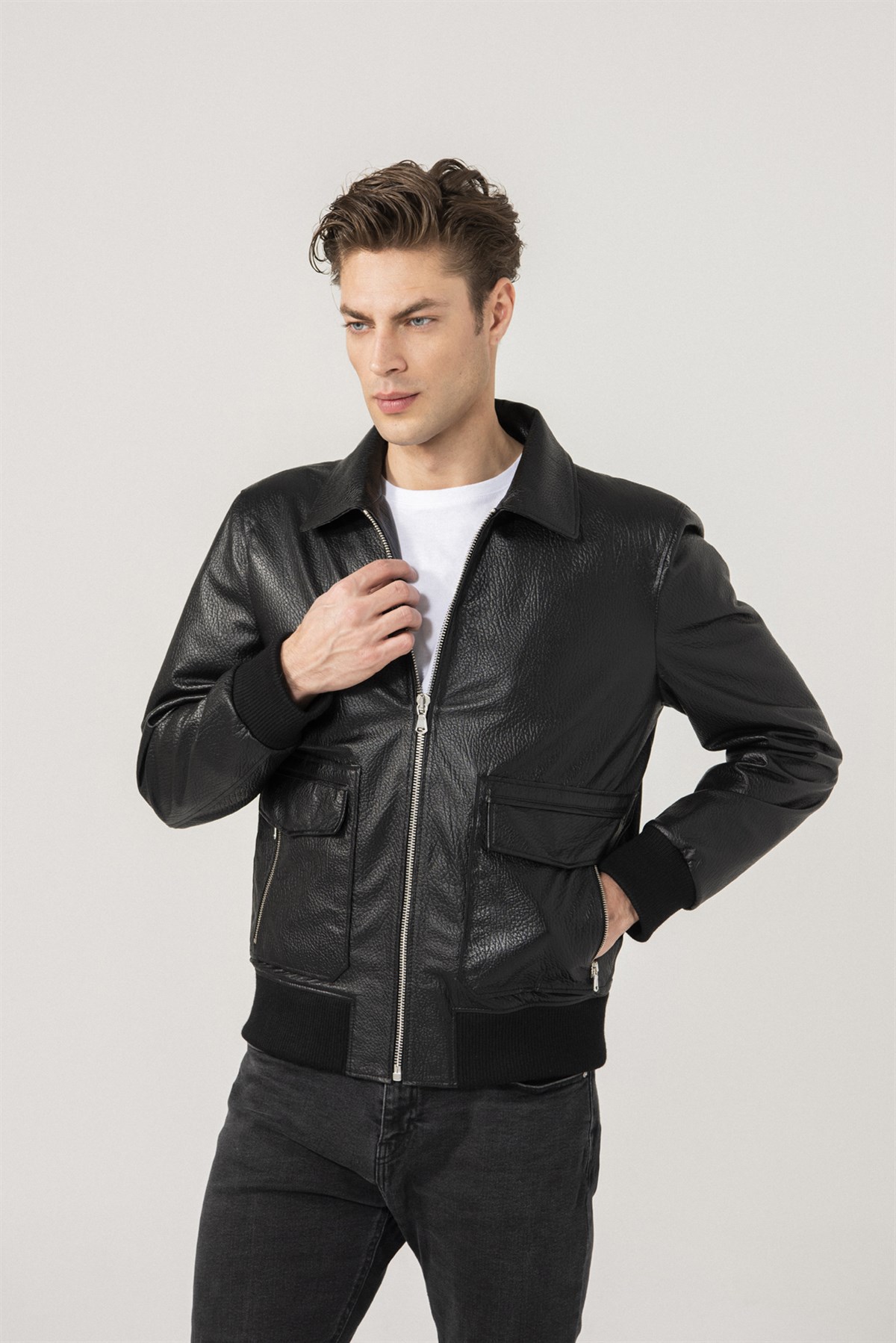 Frank Men Sports Patterned Black Leather Jacket Black Noble | Luxury ...