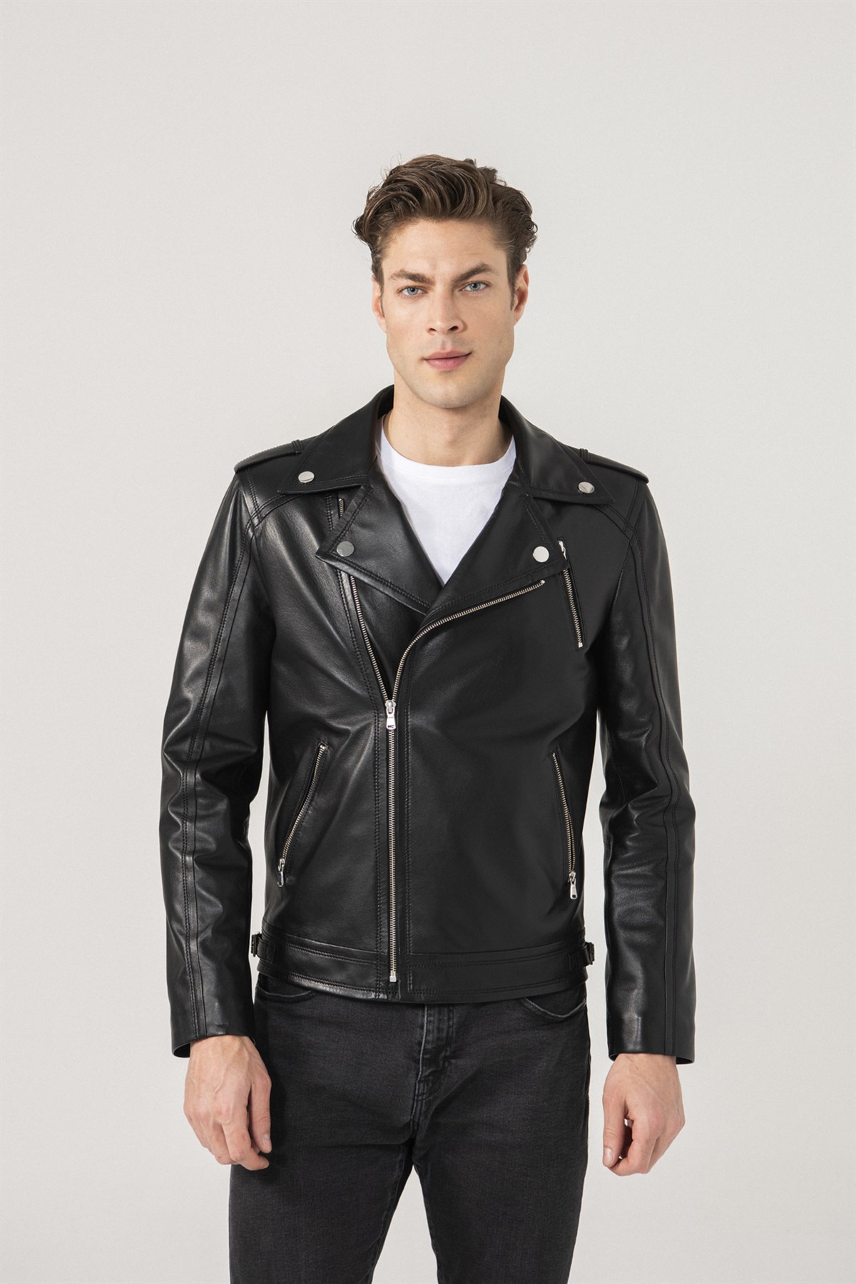 LEON Men Biker Black Leather Jacket Black Noble | Luxury Shearling