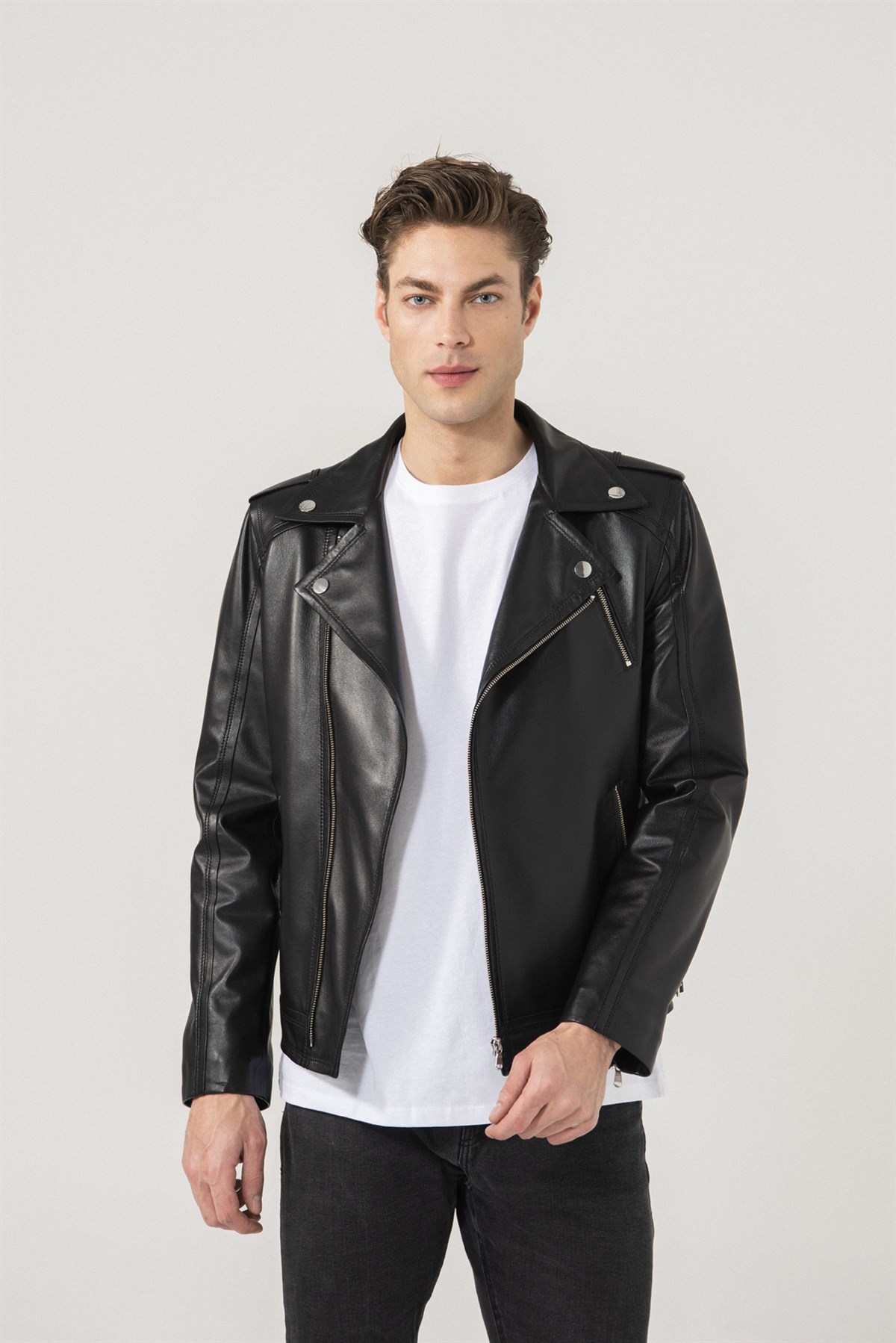 LEON Men Biker Black Leather Jacket Black Noble | Luxury Shearling