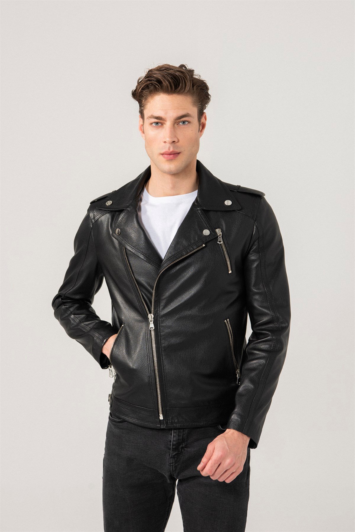 LEON Men Biker Black Ohio Leather Jacket Black Noble | Luxury Shearling