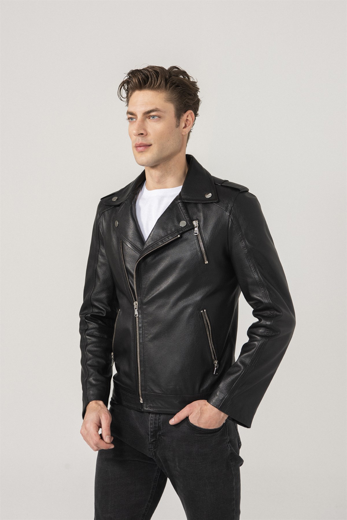 Leather Biker Jacket - Black - Men