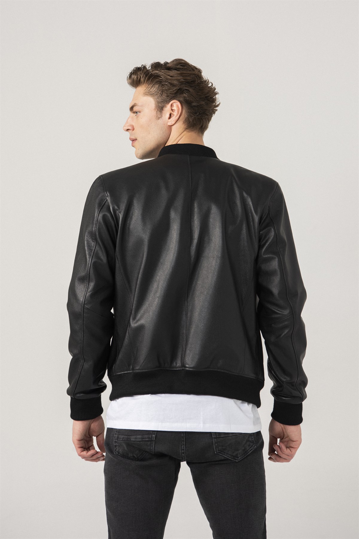 MANUEL Men College Black Jumbo Leather Jacket Black Noble | Luxury Shearling