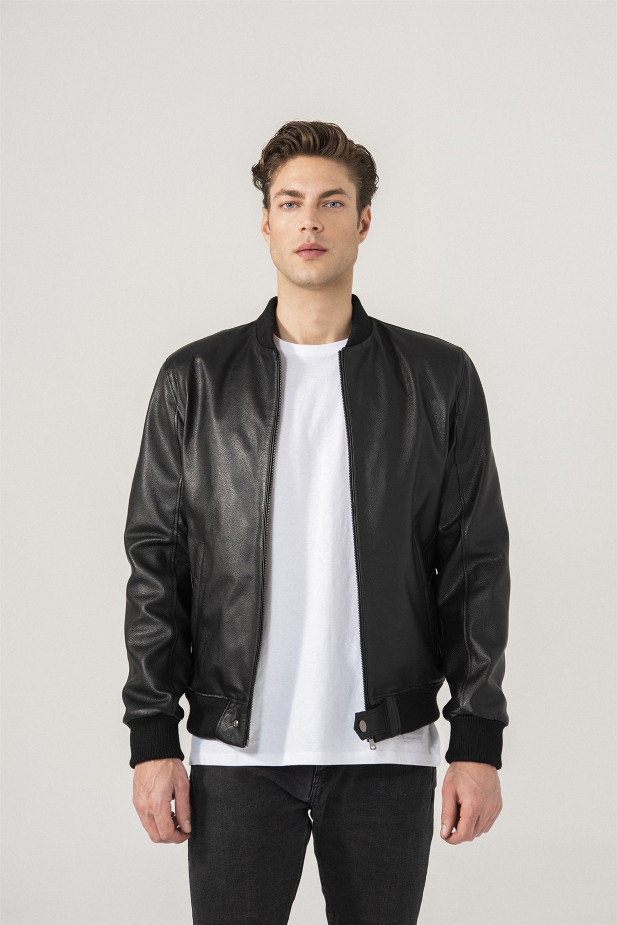 MANUEL Men College Black Jumbo Leather Jacket Black Noble | Luxury Shearling