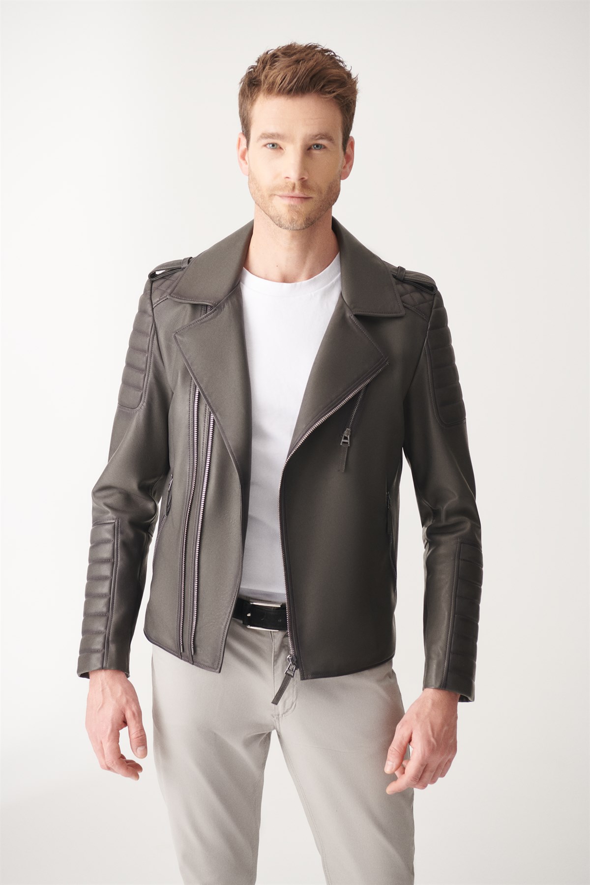 MARTIN Gray Blackout Biker Leather Jacket | Men's Leather Jacket Models