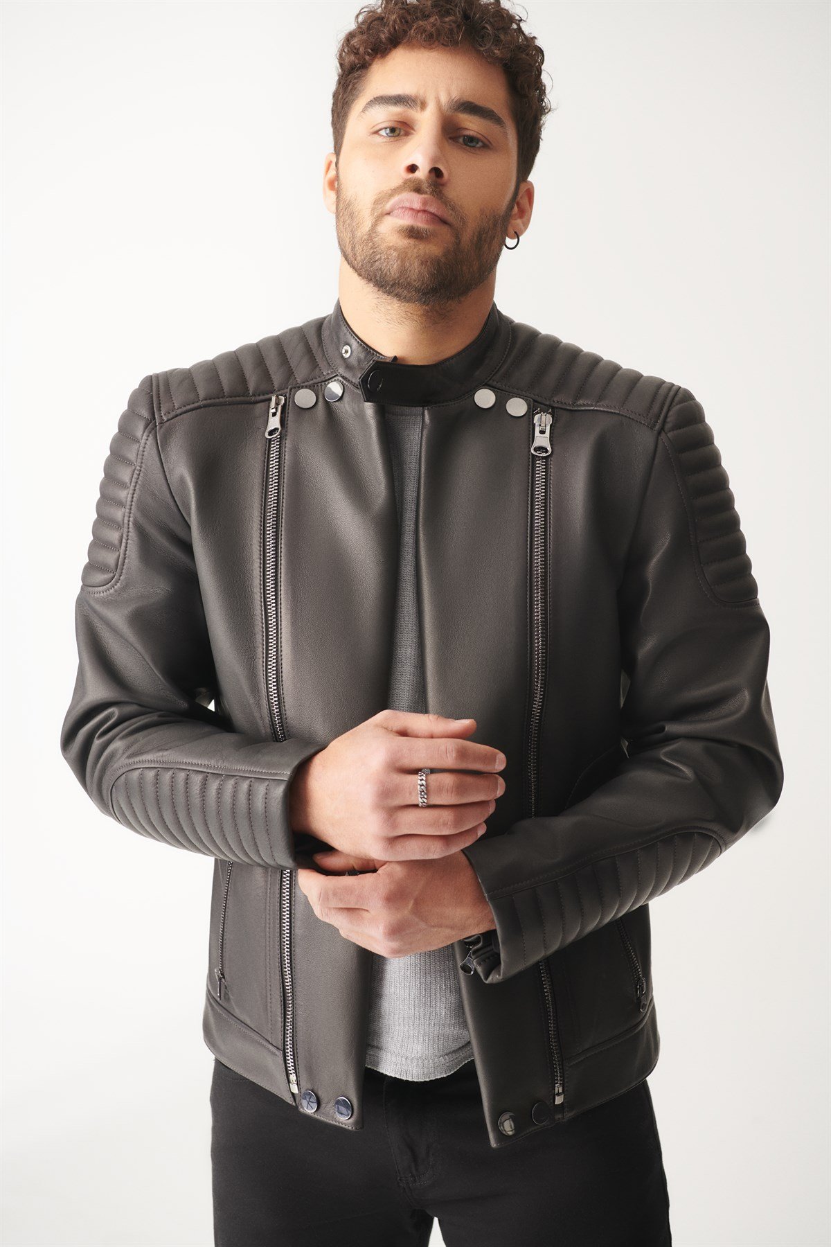 SOSA Gray Blackout Biker Leather Jacket | Men's Leather Jacket Models