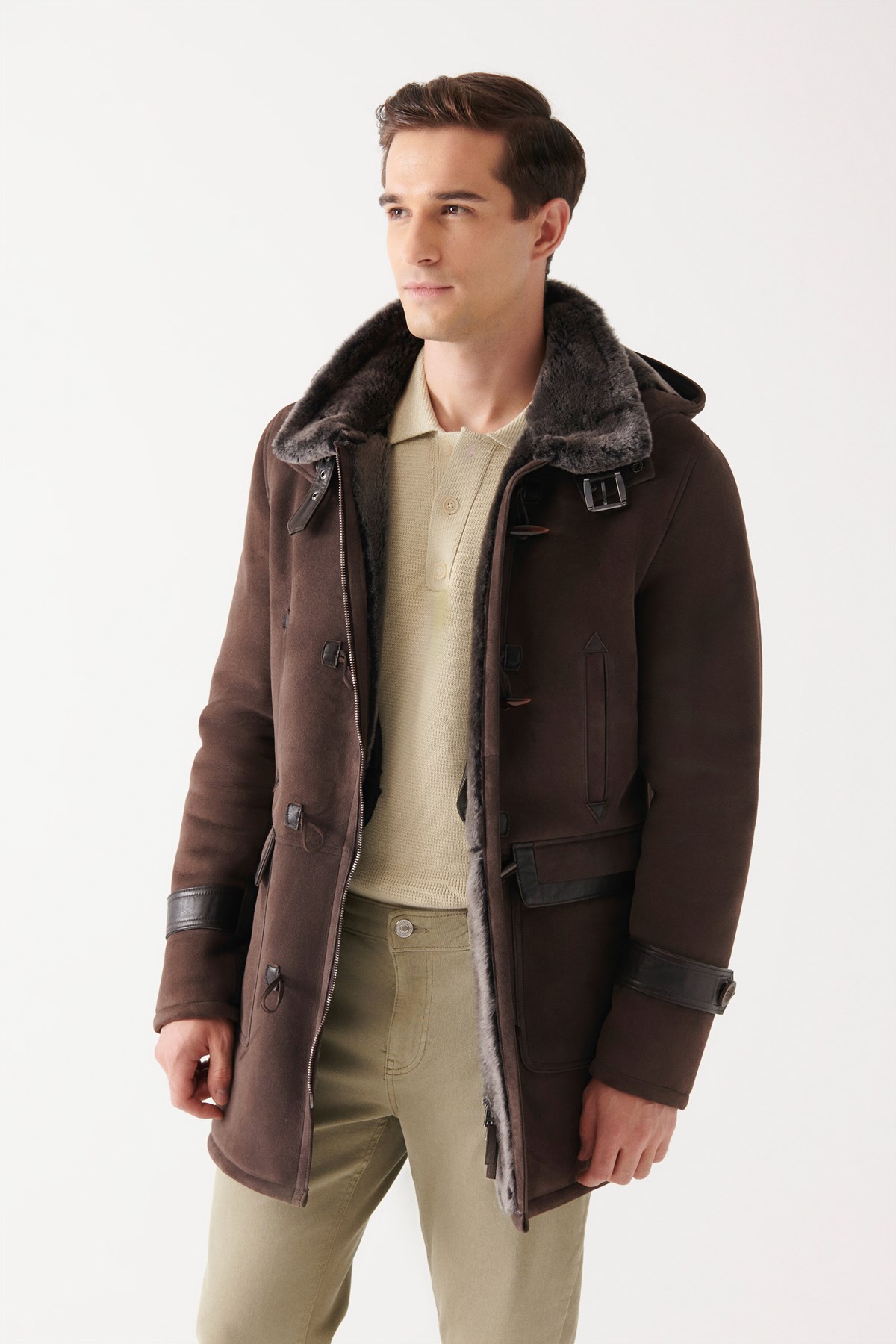 BRUNO Men Brown Shearling Coat | Men Leather and Shearling Coat&Jacket