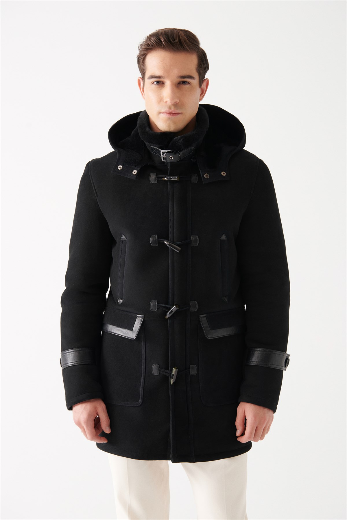 BRUNO Men Black Shearling Coat | Men Leather and Shearling Coat&Jacket