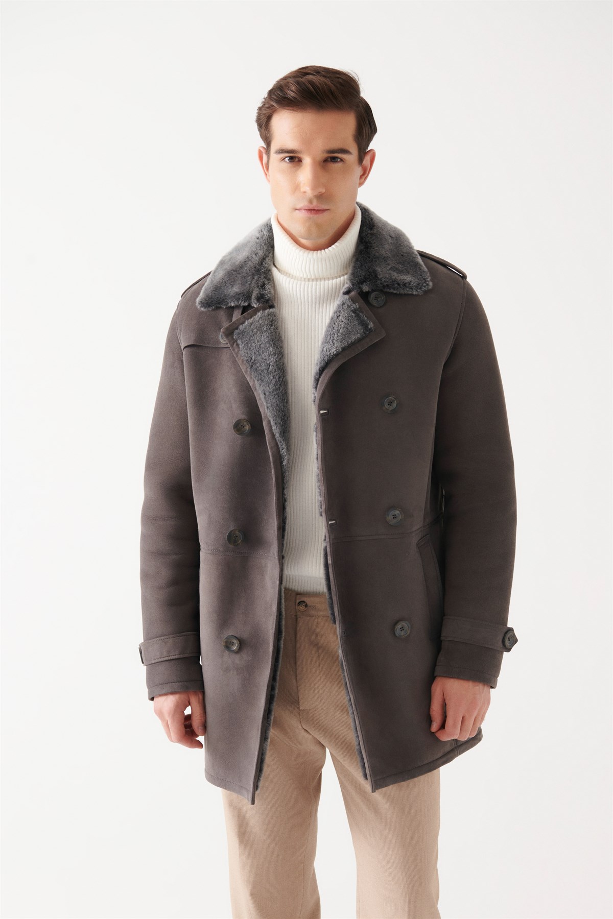 GILBERTO Men Grey Shearling Coat | Men Leather and Shearling Coat&Jacket