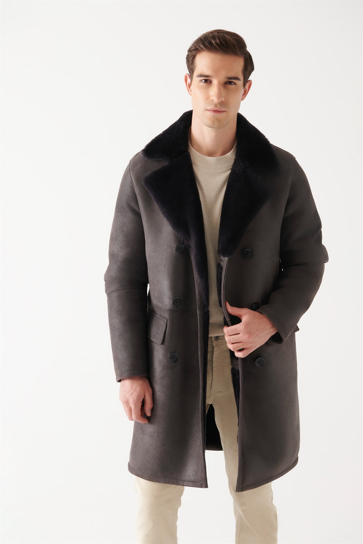 HARRISON Men Grey Shearling Coat | Men Leather and Shearling Coat&Jacket
