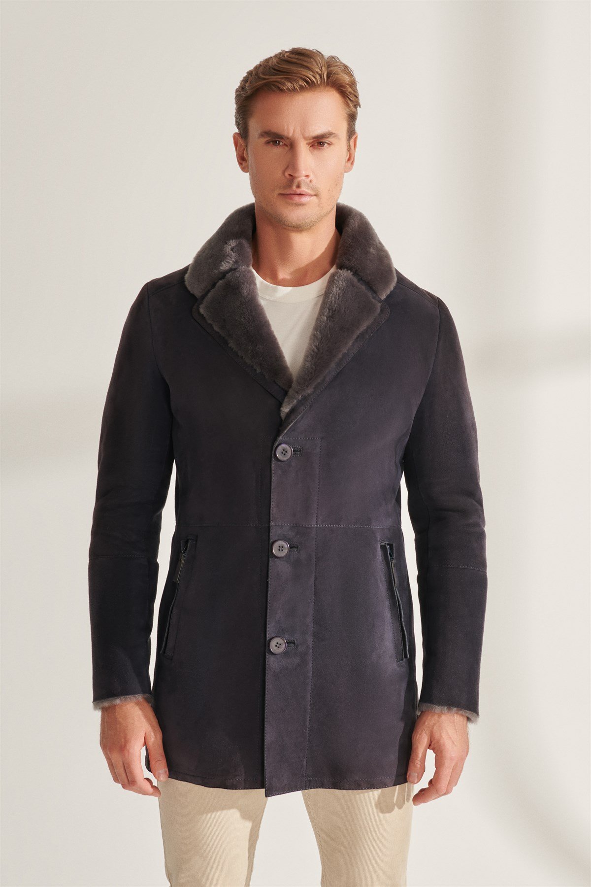 EDGAR Men's Navy Blue Sport Shearling Leather Jacket | Men's Fur ...