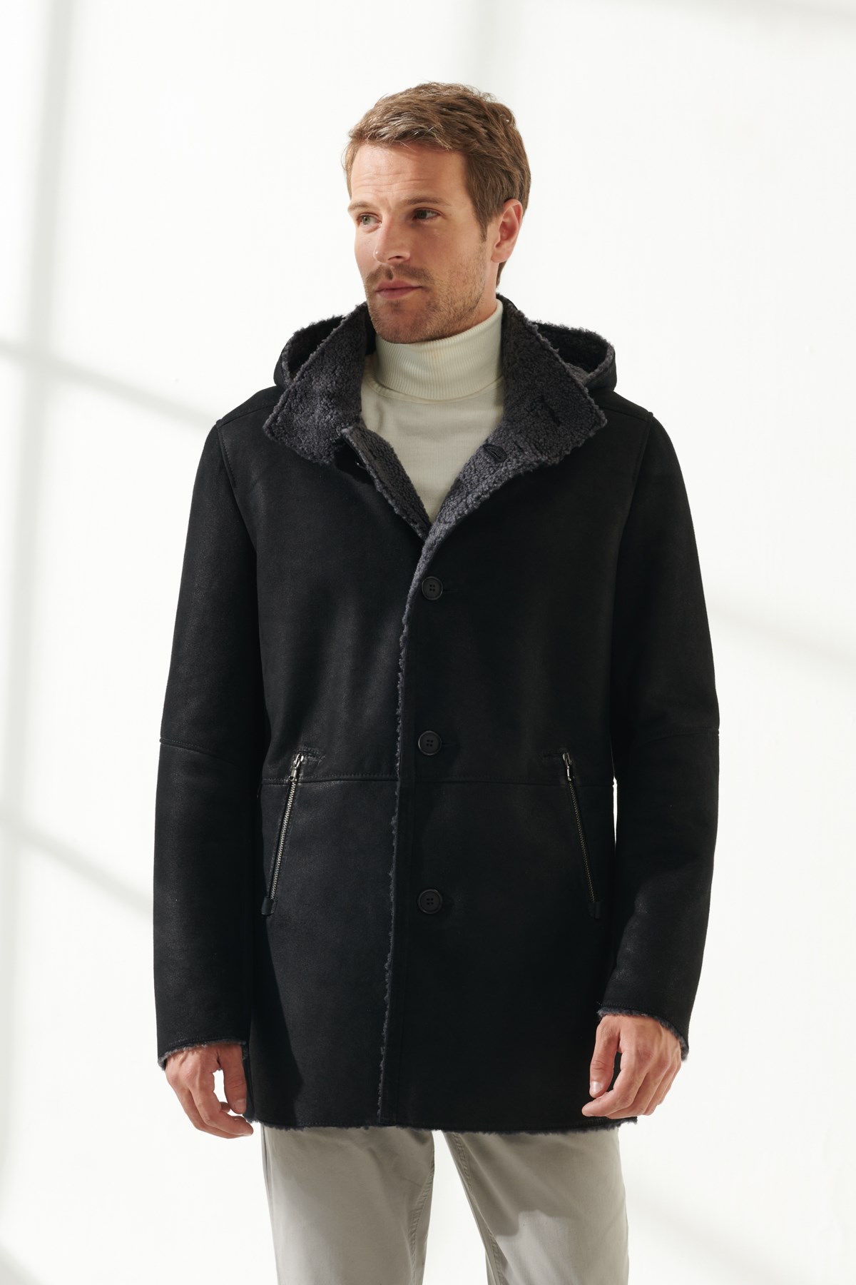 JASON Men Casual Black Shearling Coat Black Noble | Luxury Shearling