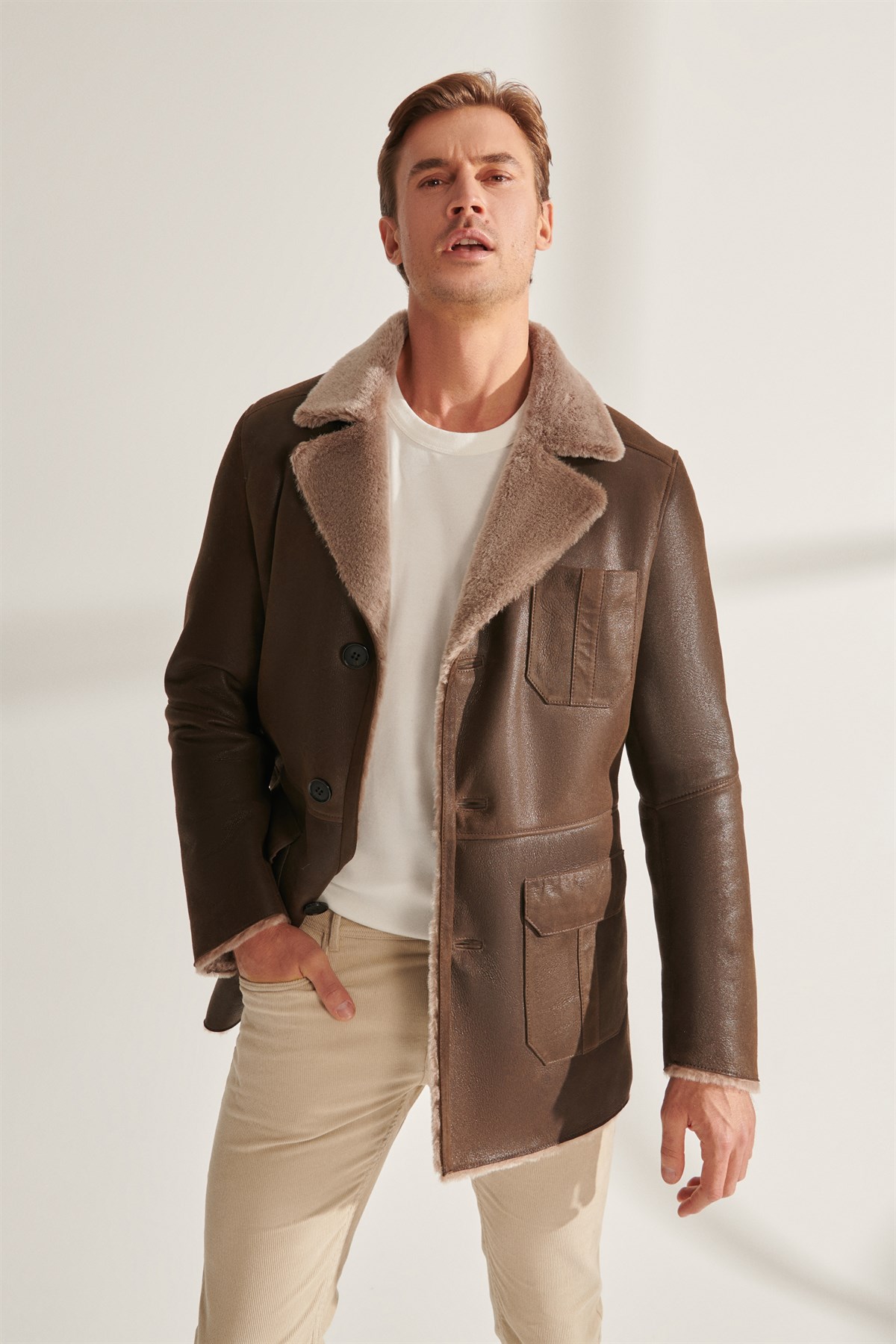 KELVIN Men's Khaki Shearling Leather Coat | Men's Shearling Leather Coat  Models