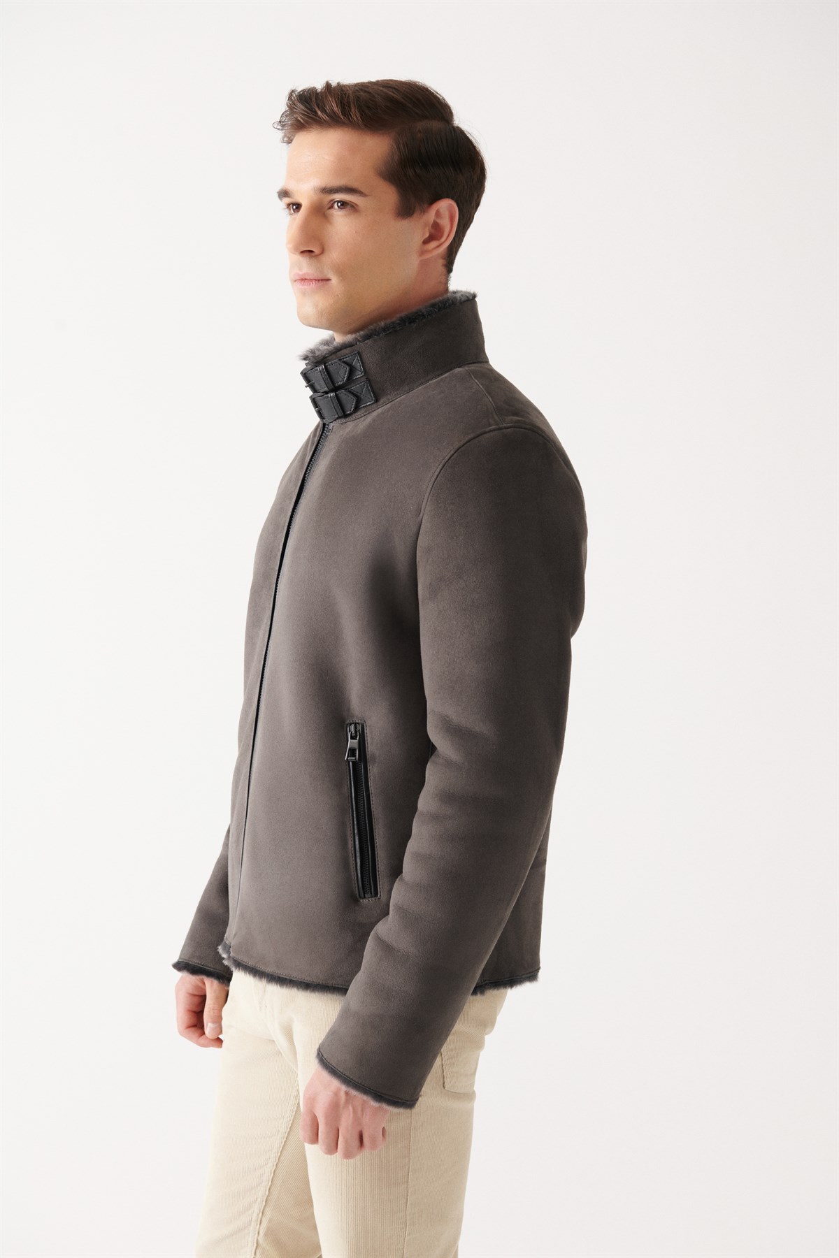 JONO Men Grey Shearling Jacket | Men Leather and Shearling Coat&Jacket