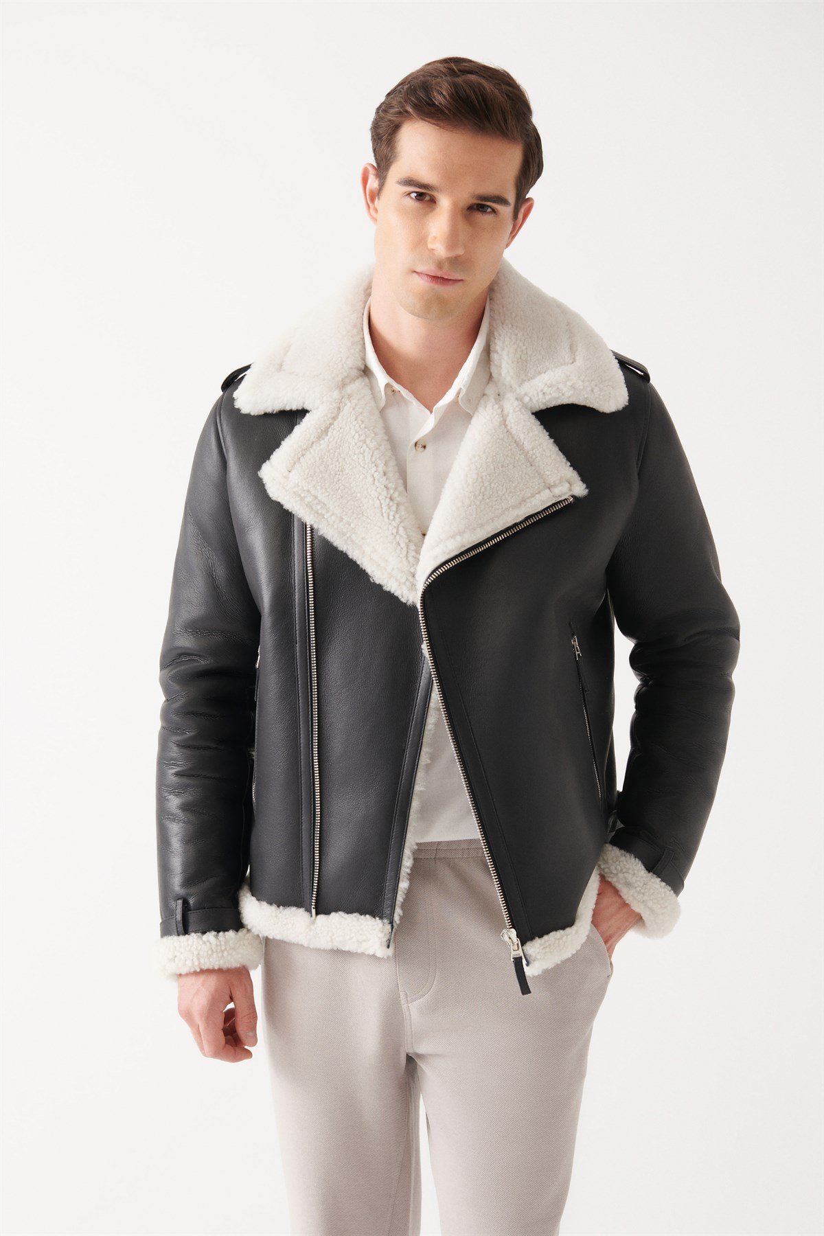 NICKY Men Black Shearling Jacket | Men Leather and Shearling Coat&Jacket