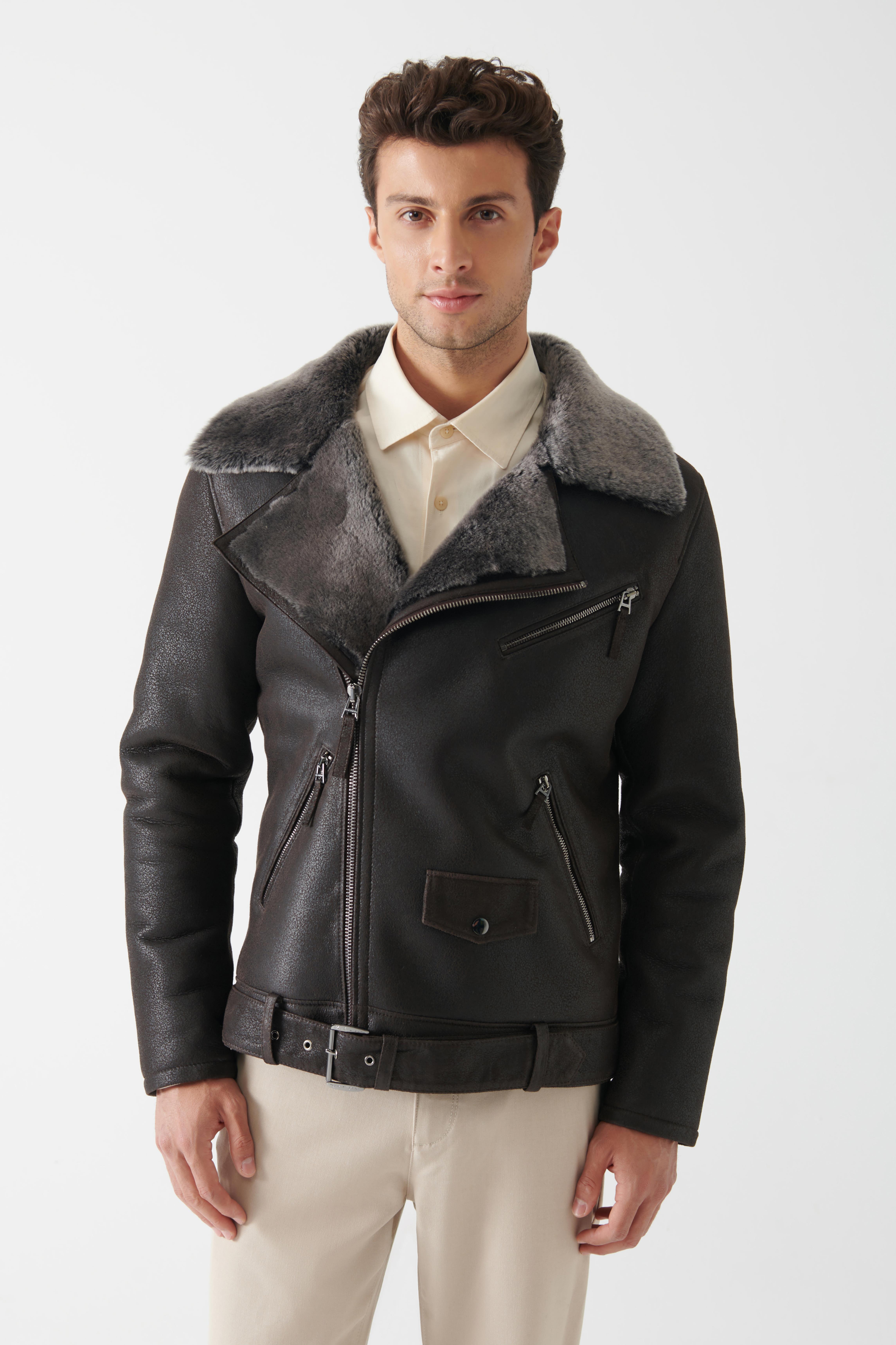 TIMOTHY Men's Brown Brissa Shearling Leather Jacket | Men's Shearling ...