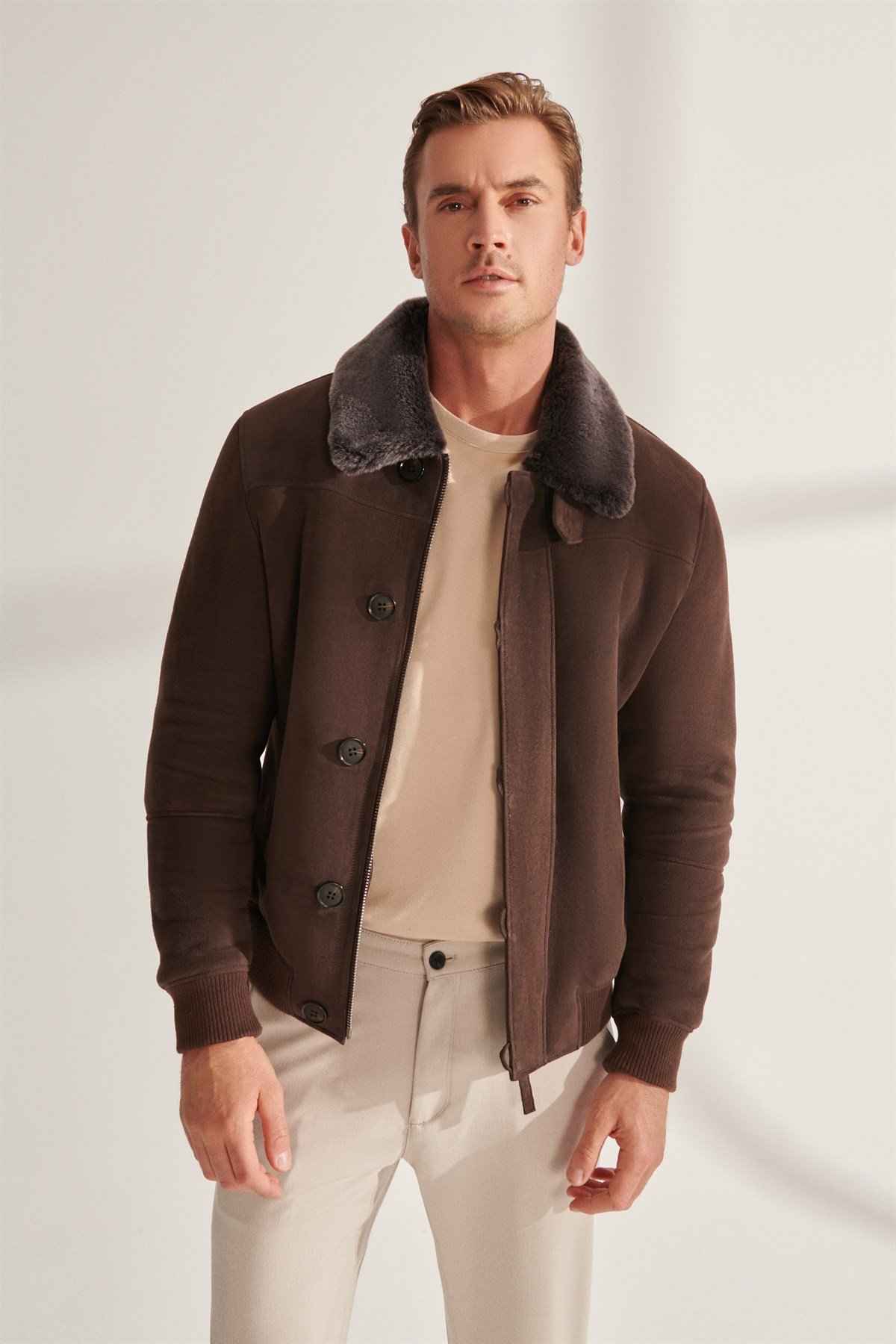 BENJAMIN Men's Brown Sports Shearling Leather Jacket | Men's Fur Leather  Jacket Models