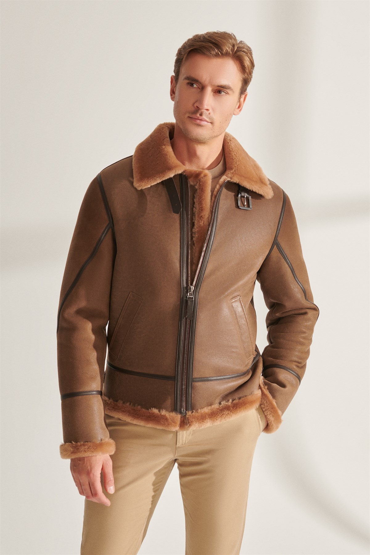 DUKE Men's Camel Pilot Shearling Leather Jacket | Men's Fur Leather Jacket  Models