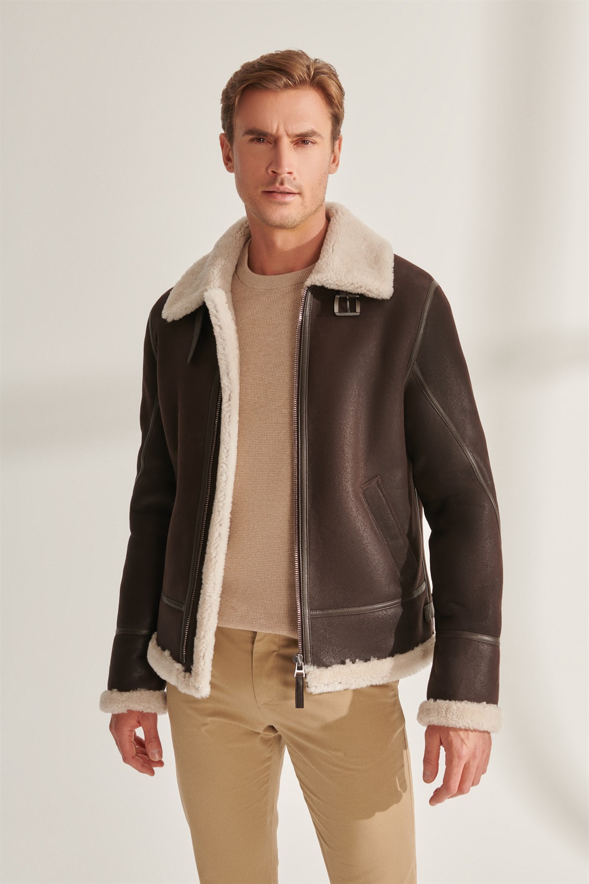 DUKE Men's Brown Pilot Shearling Leather Jacket | Men's Fur Leather ...