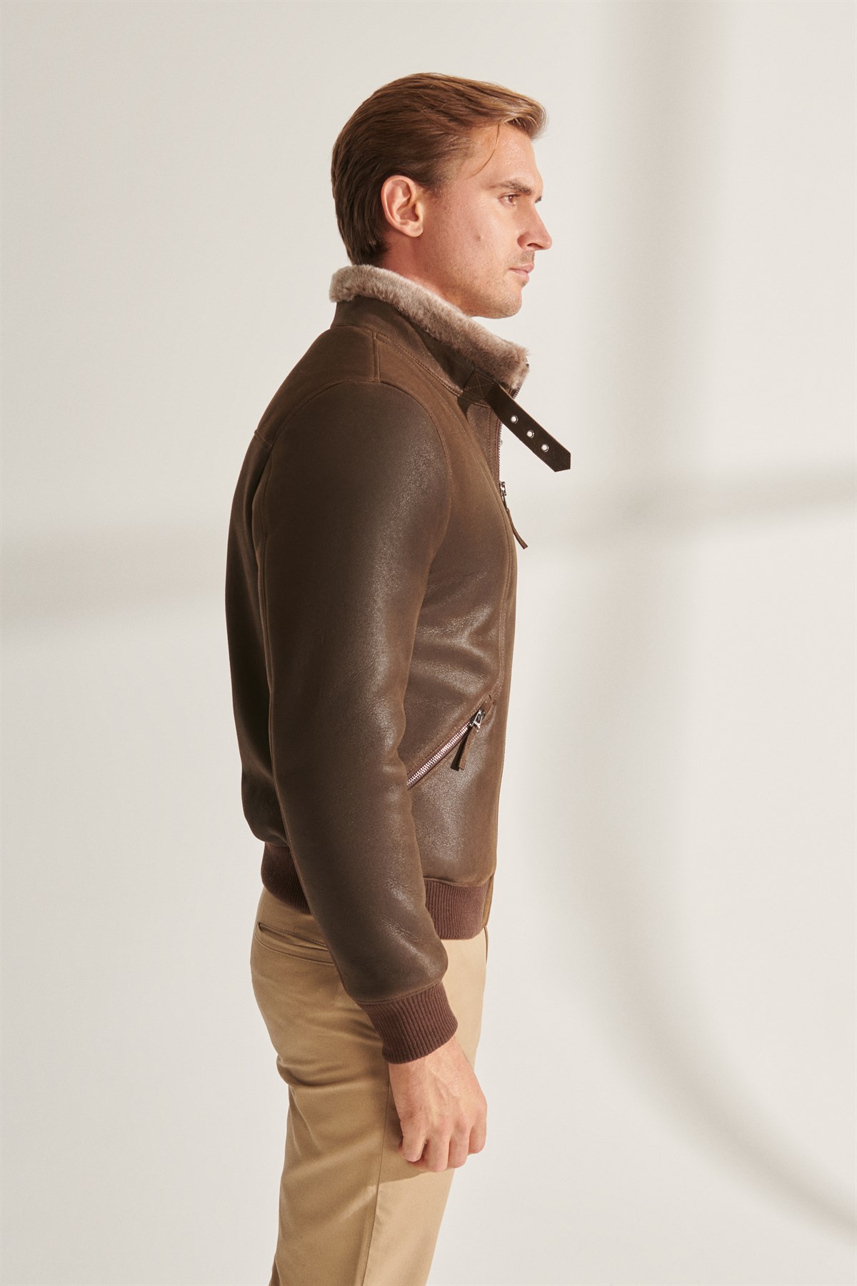 EDWARD Men's Khaki Sport Shearling Leather Jacket | Men's Fur Leather  Jacket Models