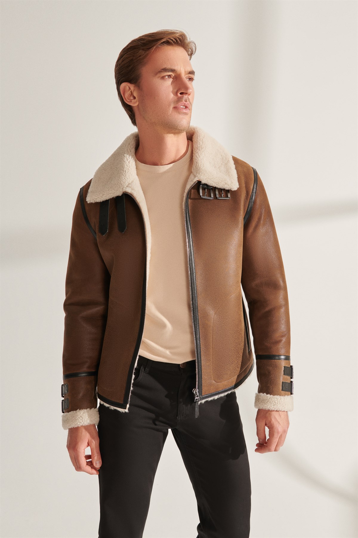 FRANCES Men's Tan Pilot Shearling Leather Jacket | Men's Fur Leather ...
