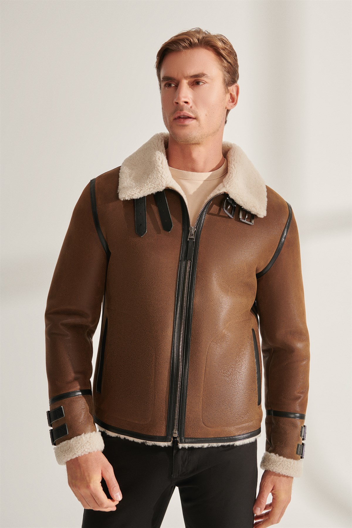 FRANCES Men's Tan Pilot Shearling Leather Jacket | Men's Fur Leather Jacket  Models