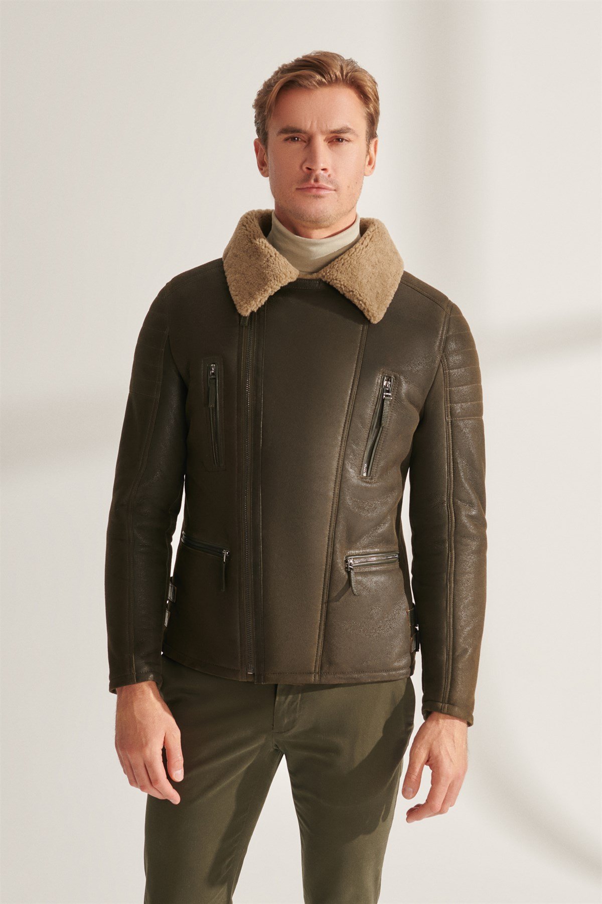 MARCO Men's Green Biker Shearling Leather Jacket | Men's Fur Leather ...