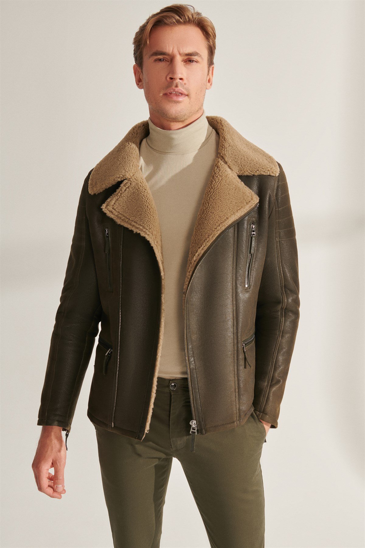 MARCO Men's Green Biker Shearling Leather Jacket | Men's Fur Leather Jacket  Models