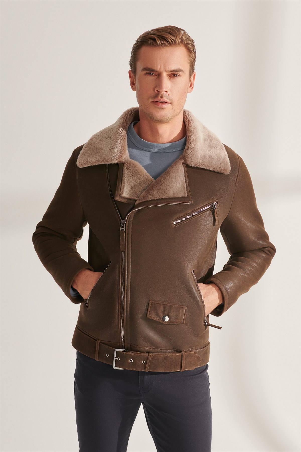 NATHAN Men's Brown Biker Shearling Leather Jacket | Men's Fur Leather ...