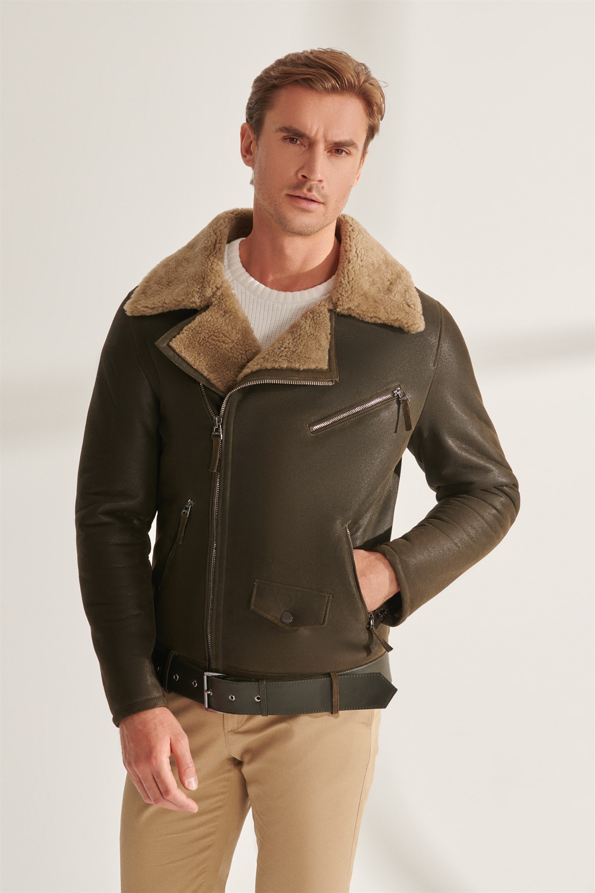 NATHAN Men's Green Biker Shearling Leather Jacket | Men's Fur Leather ...