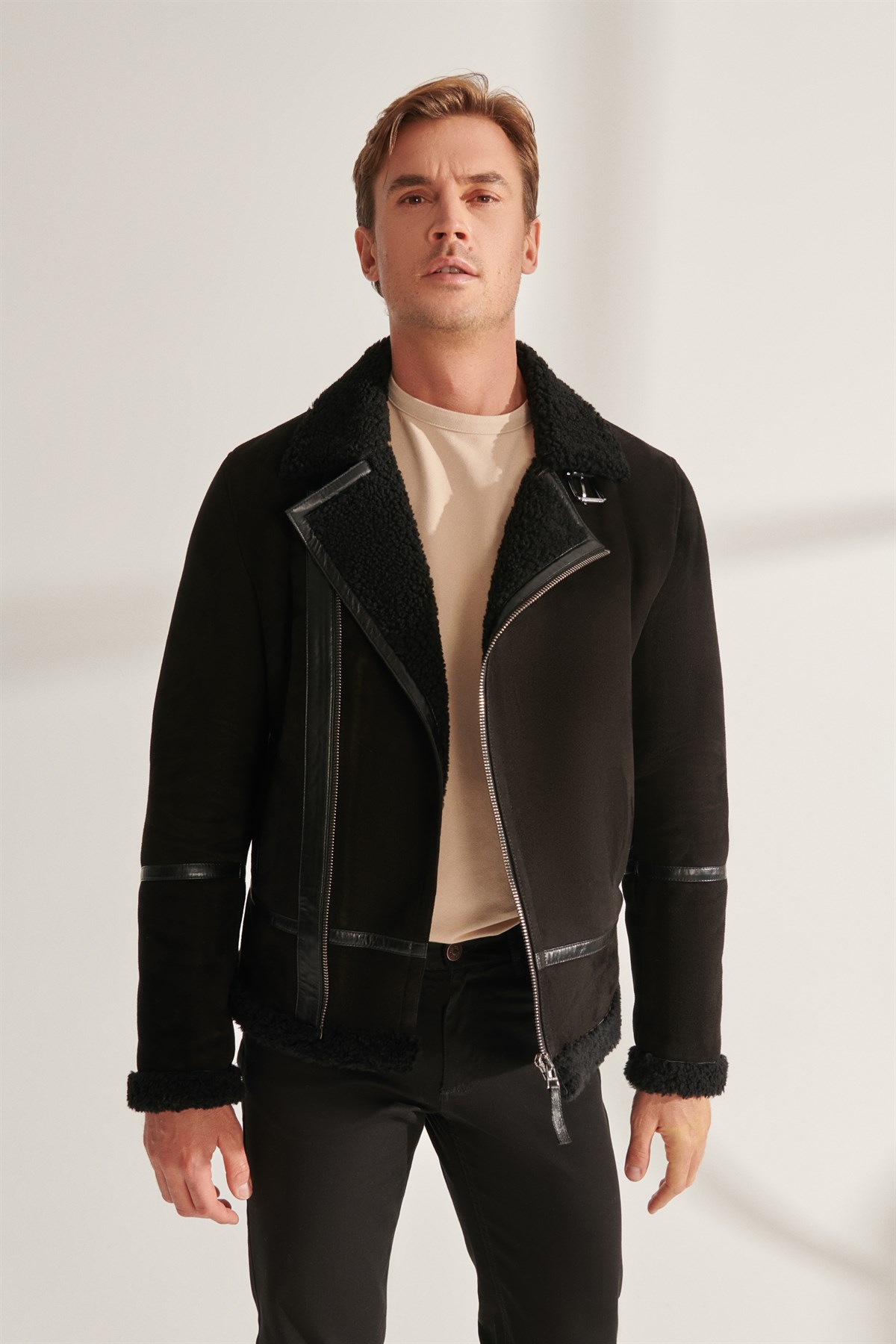 WOLF Men's Black Sport Shearling Leather Jacket | Men's Fur Leather Jacket  Models
