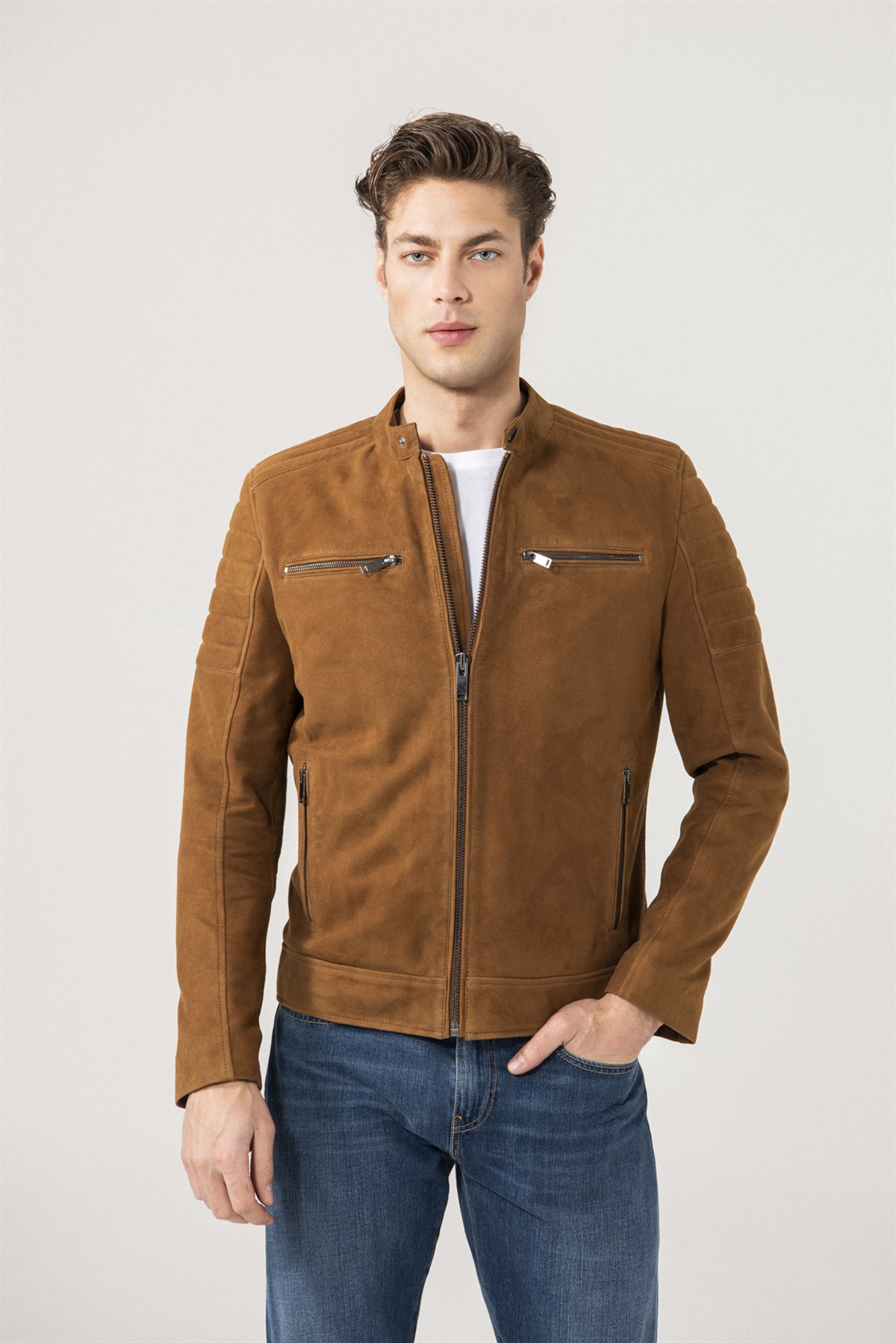 Alvin Men Biker Tan Suede Jacket Black Noble | Luxury Shearling