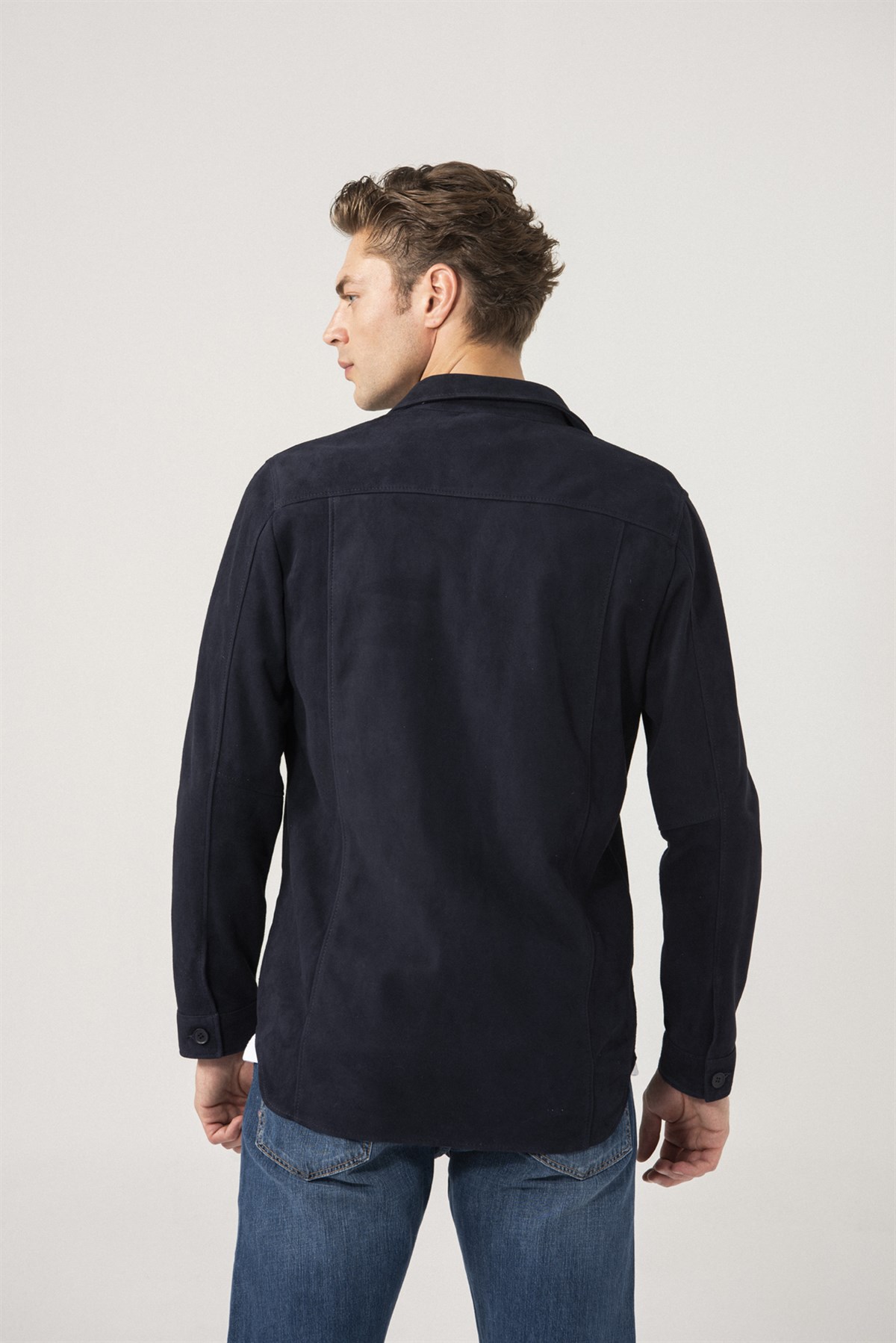 Dustin Men Navy Suede Shirt Jacket Black Noble | Luxury Shearling