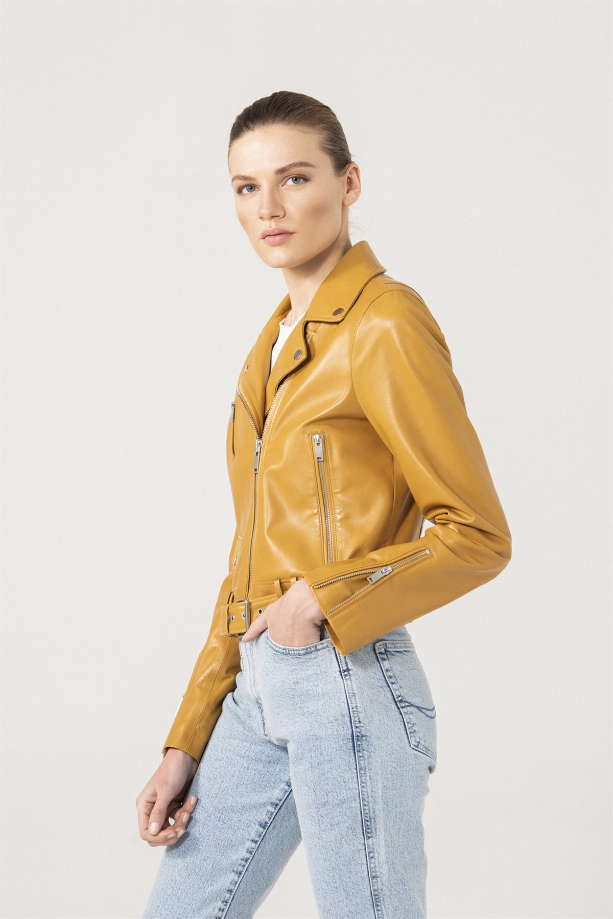Cindy Women Biker Yellow Leather Jacket | Women's Leather Jacket