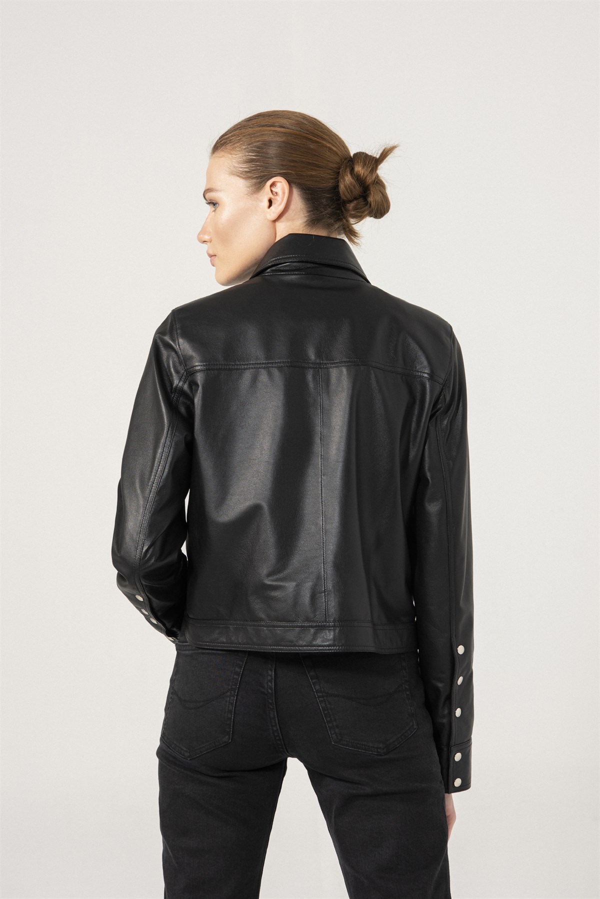 frakke Suri Blank FIONA Women Black Leather Denim Jacket | Women's Leather Jacket