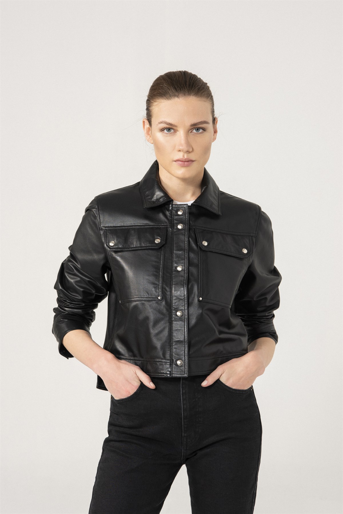 FIONA Siyah Deri Kot Ceket Kadın Deri Ceket Modelleri