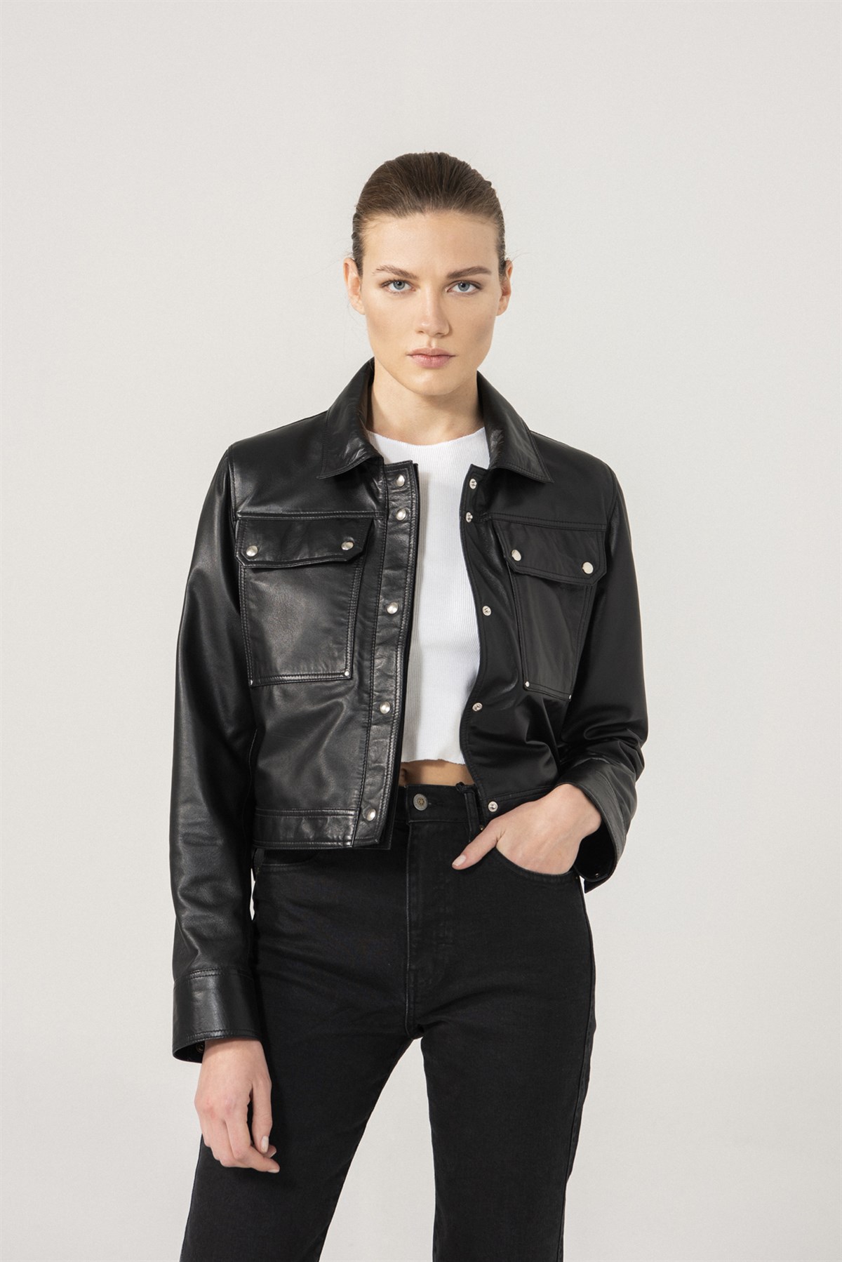 FIONA Women Black Leather Denim Jacket | Women's Leather Jacket