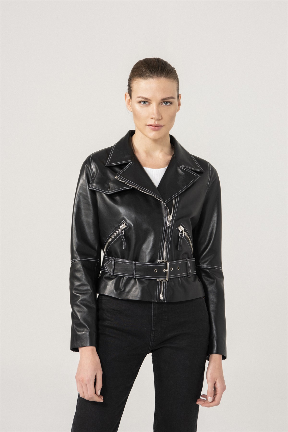 Karen Women Biker White Stitched Black Leather Jacket | Women's Leather ...