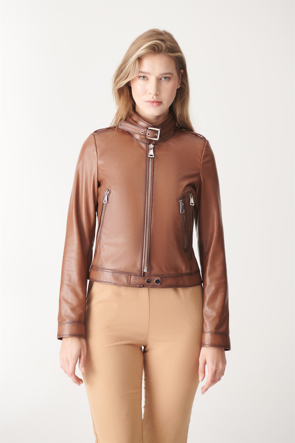 KAYLA Brown Black Sport Leather Jacket | Women's Leather Jacket Models