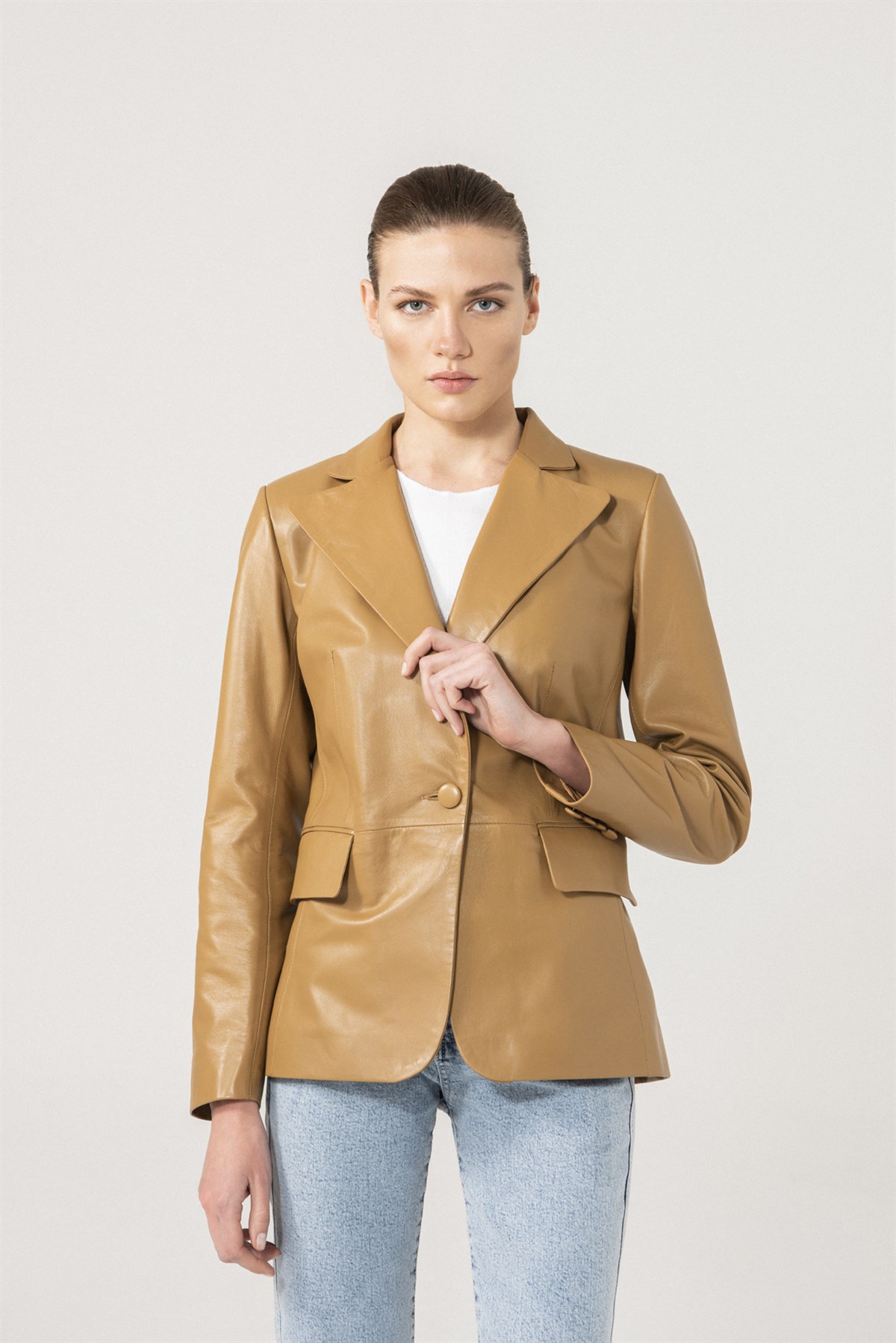 Olivia Women Single Button Sand Leather Blazer Jacket | Women's Leather  Jacket