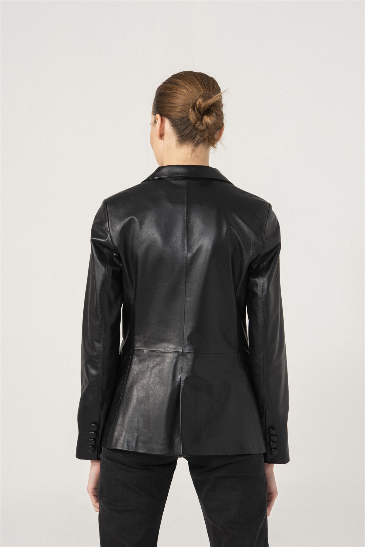 OLIVIA Tek Düğmeli Siyah Deri Blazer Ceket Kadın Deri Ceket Modelleri